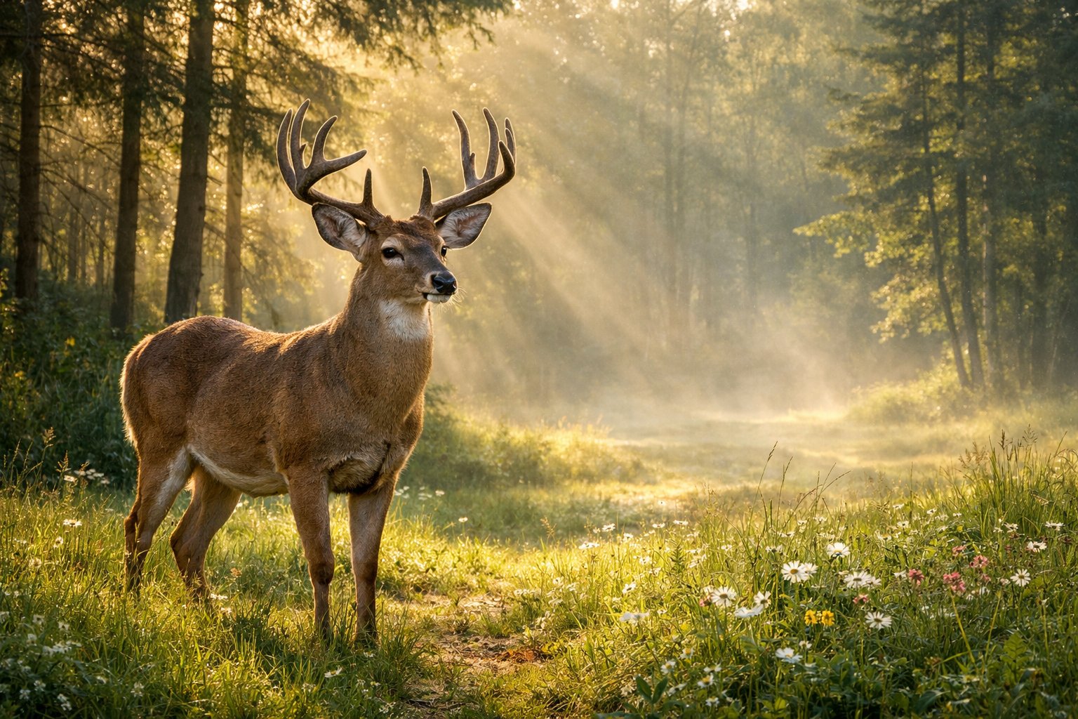 A deer standing calmly in a sunlit forest clearing surrounded by trees and grass.