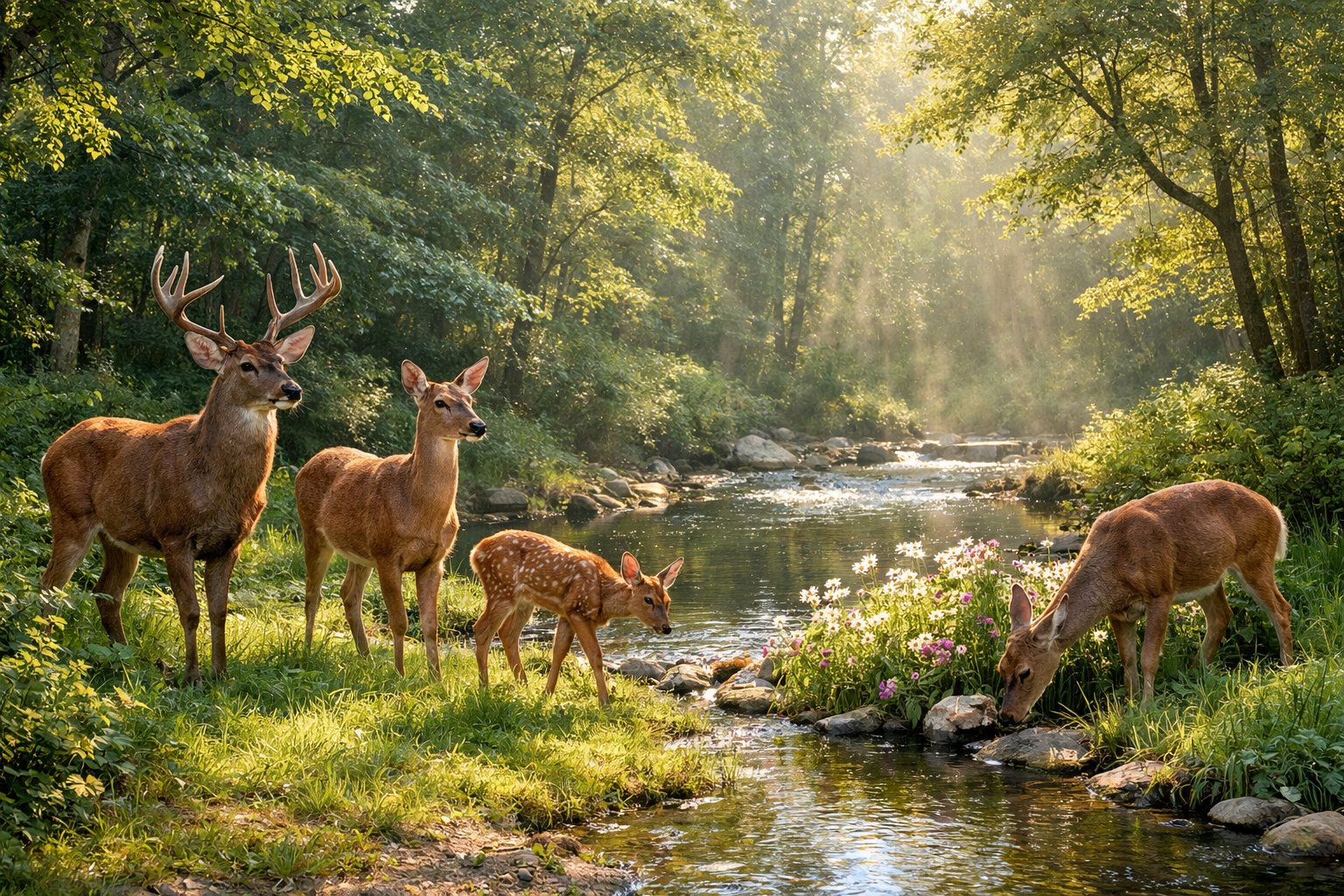 A group of deer gathered near a small clearing in a forest, grazing on grass and drinking from a stream surrounded by trees and wildflowers.