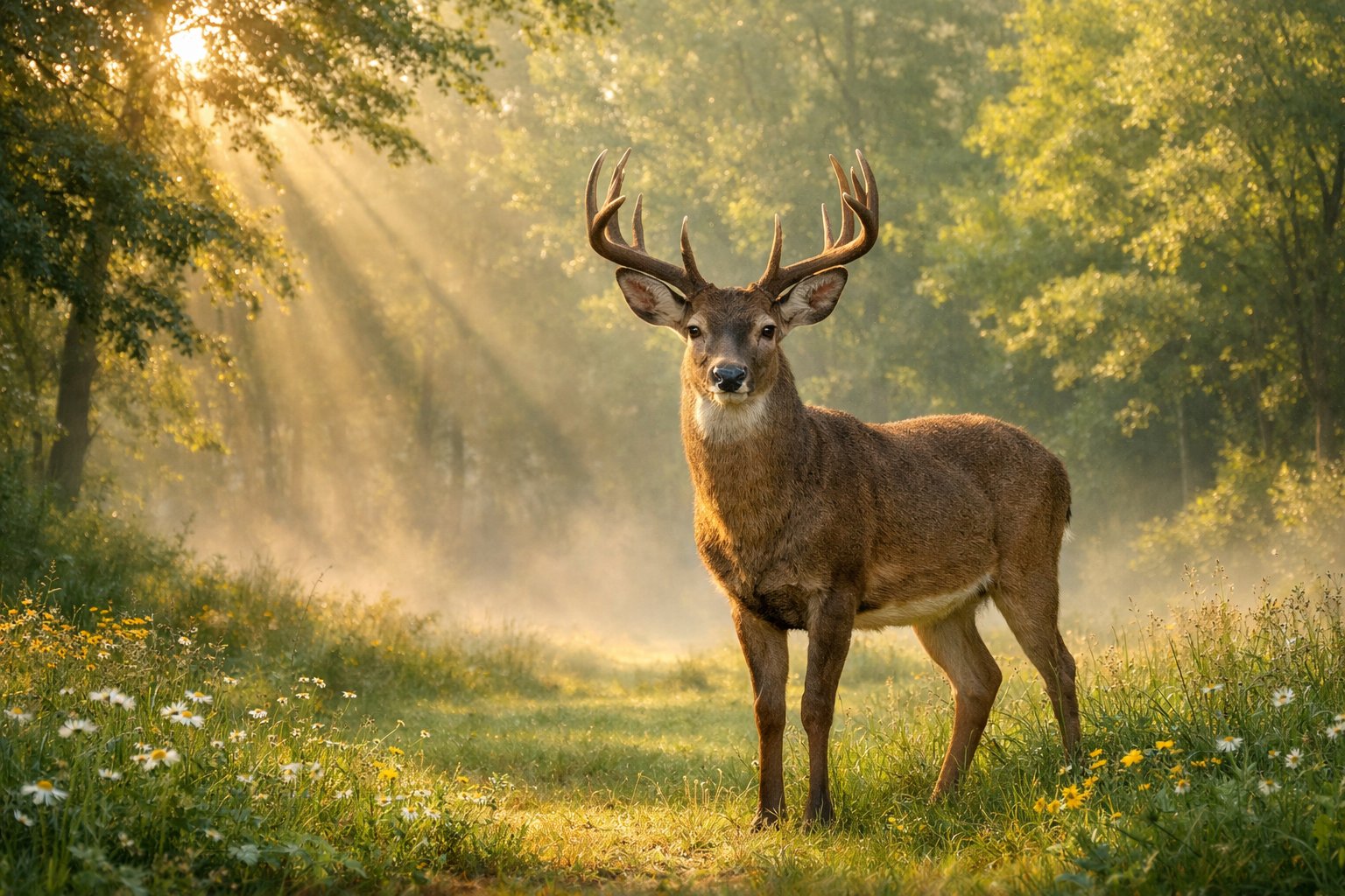 A deer standing calmly in a sunlit forest clearing surrounded by green trees and soft morning light.