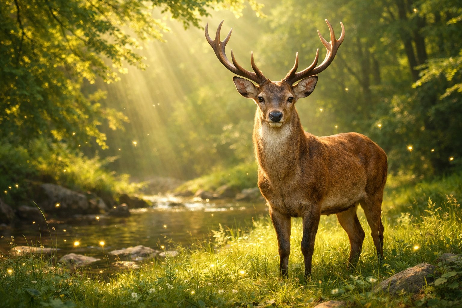 A majestic deer standing in a sunlit forest clearing surrounded by green trees and soft light.
