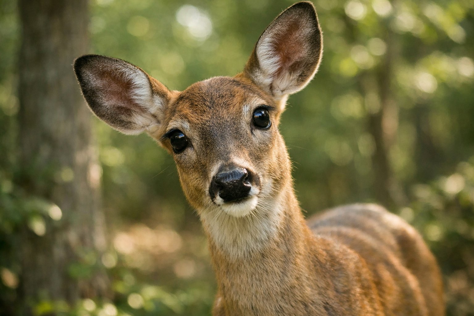 A close-up of a deer looking curiously towards the camera in a forest.