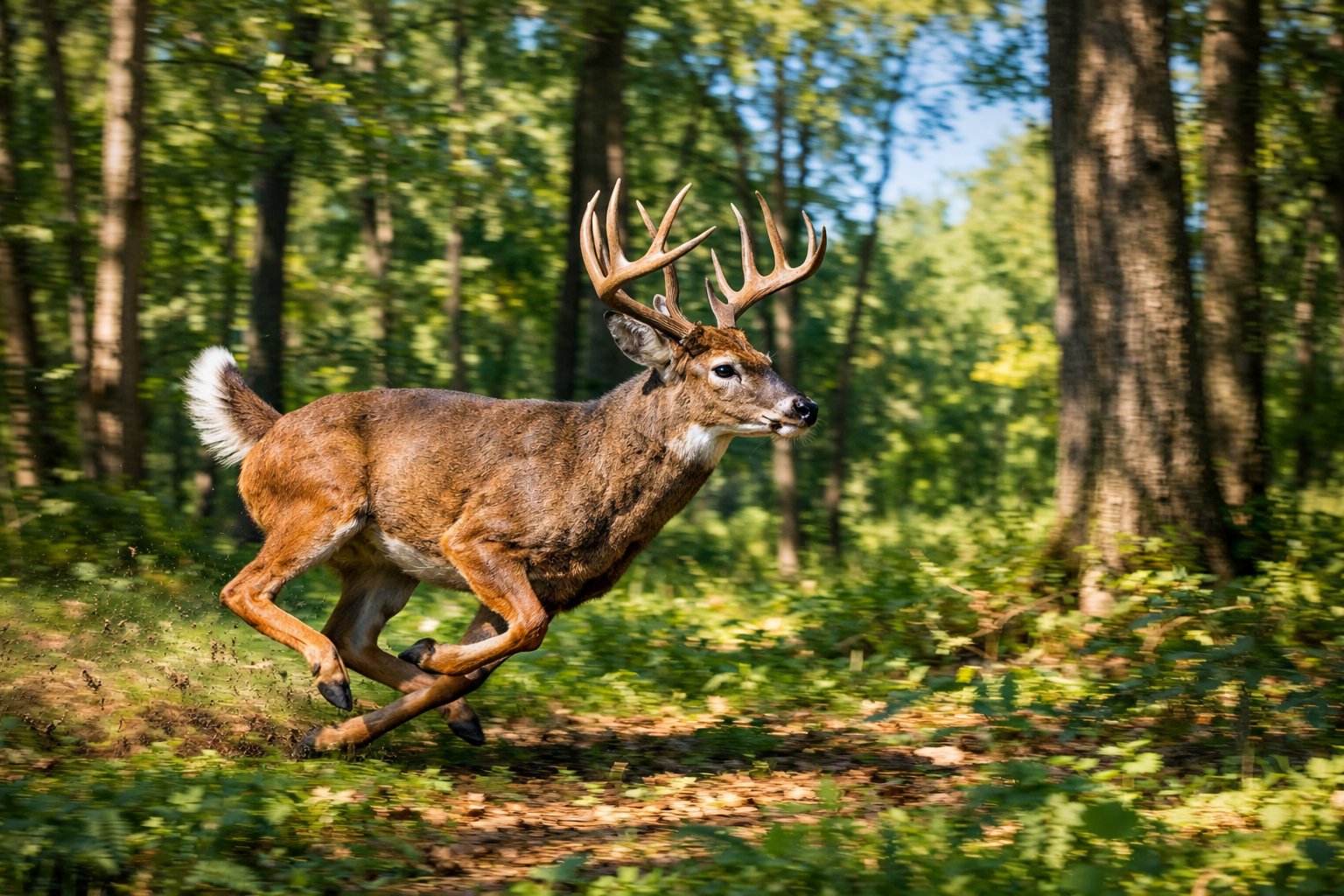 A deer running quickly through a green forest with sunlight filtering through the trees.