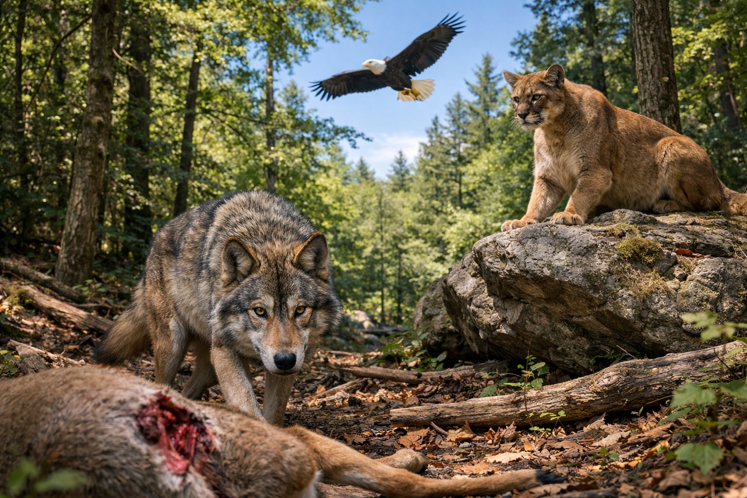A forest scene showing a wolf, a mountain lion, and a bald eagle near a deer in the wild.