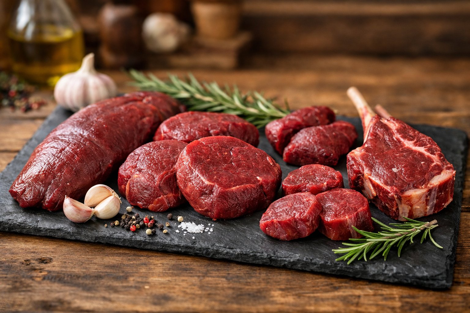 Fresh raw venison cuts arranged on a wooden table with herbs and spices in a kitchen setting.