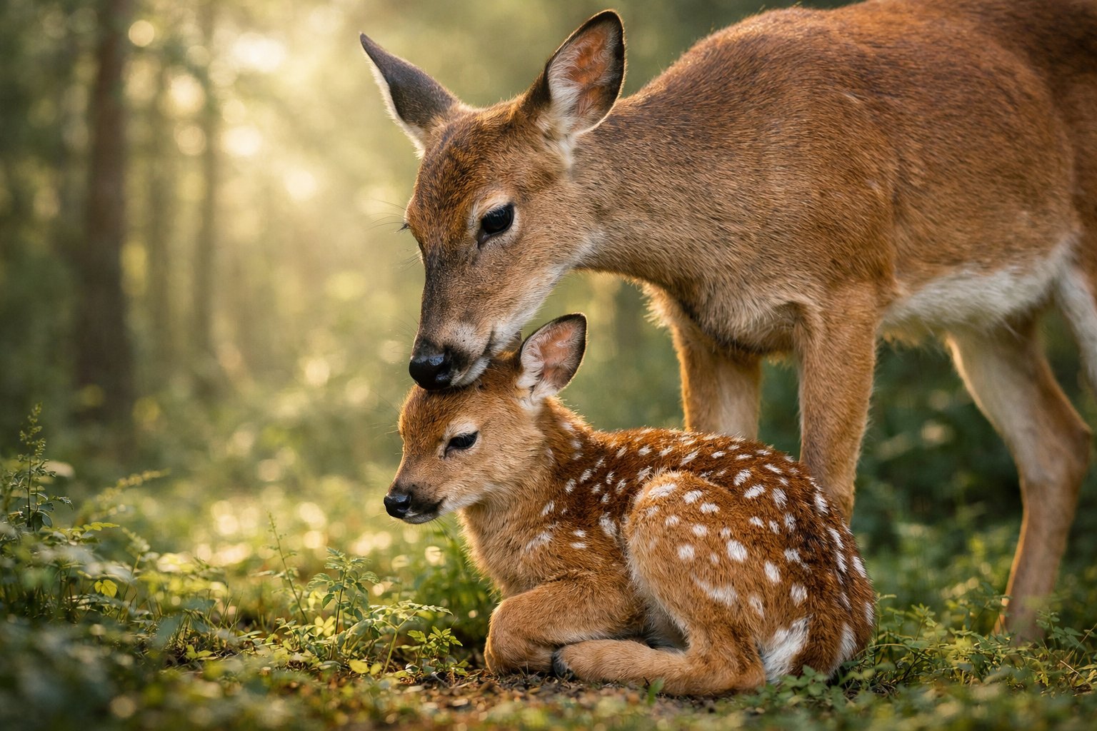 A baby deer standing close to its mother in a forest with sunlight filtering through the trees.