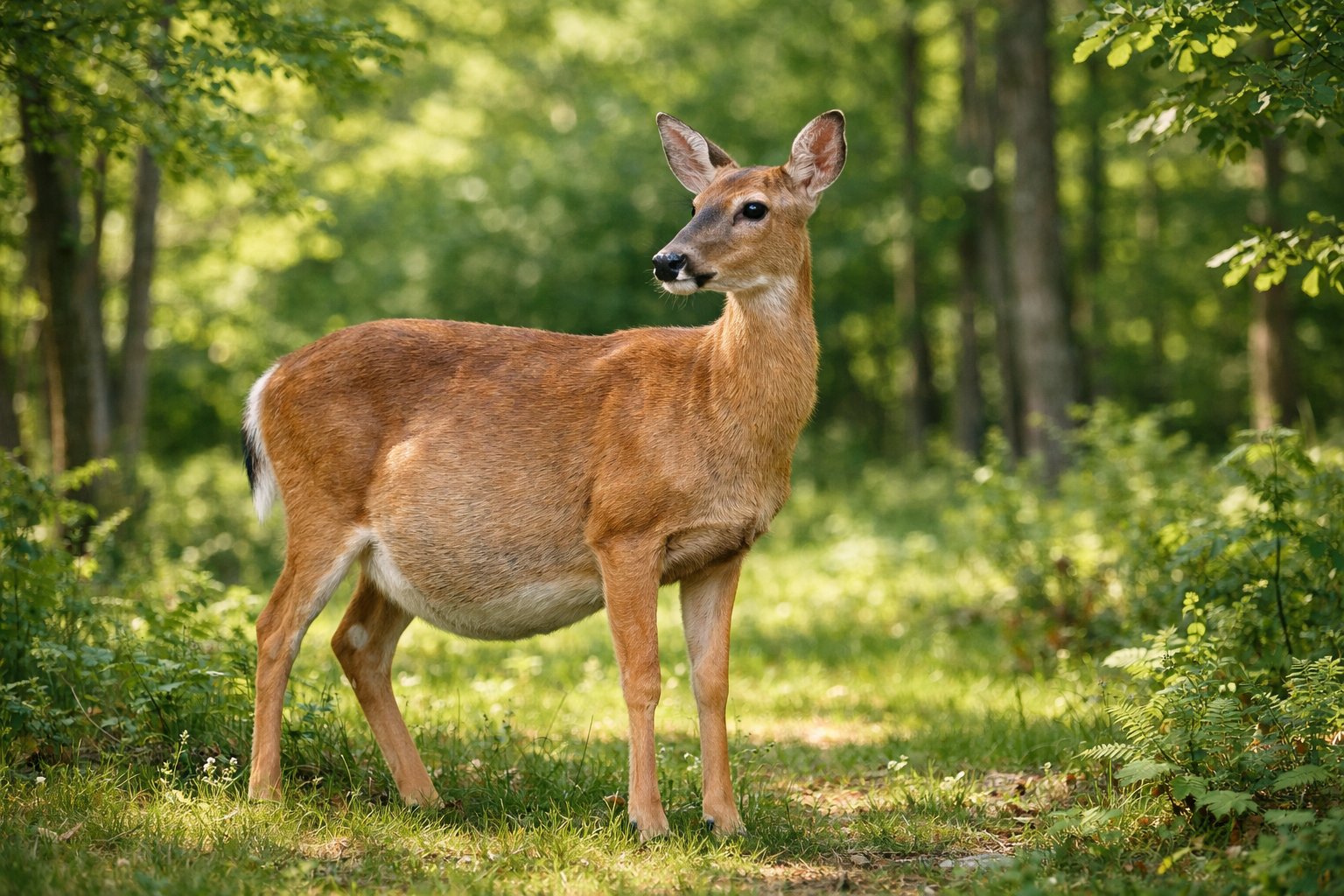 A pregnant female deer standing in a sunlit forest clearing surrounded by green trees and plants.