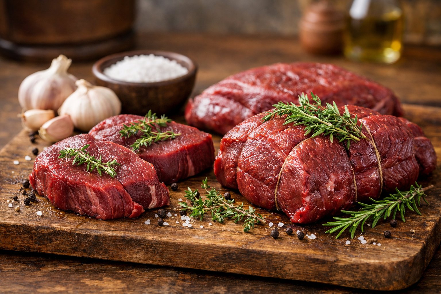 Fresh cuts of raw venison meat on a wooden cutting board with herbs and spices in a kitchen setting.