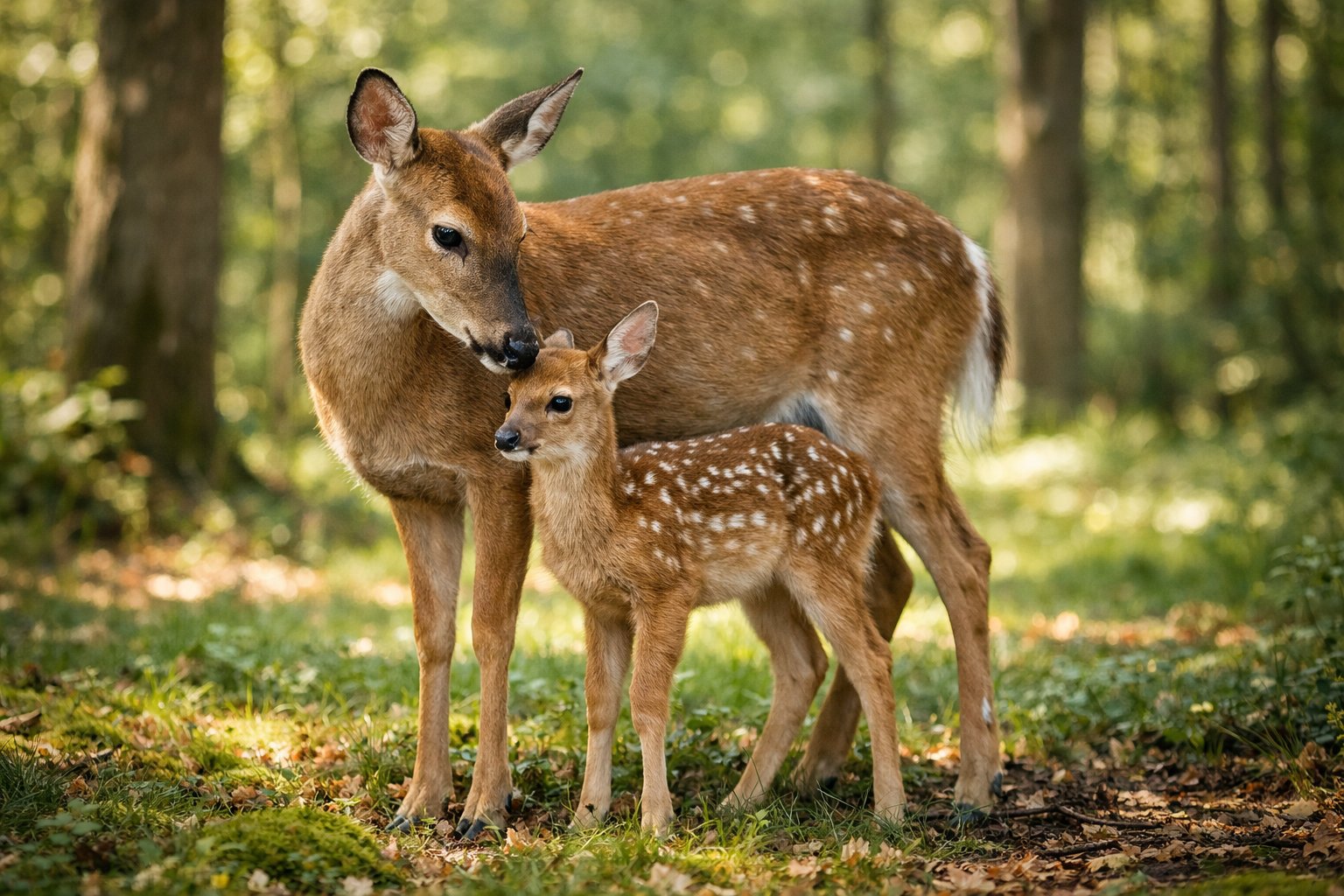 A mother deer standing close to her young fawn in a sunlit forest.