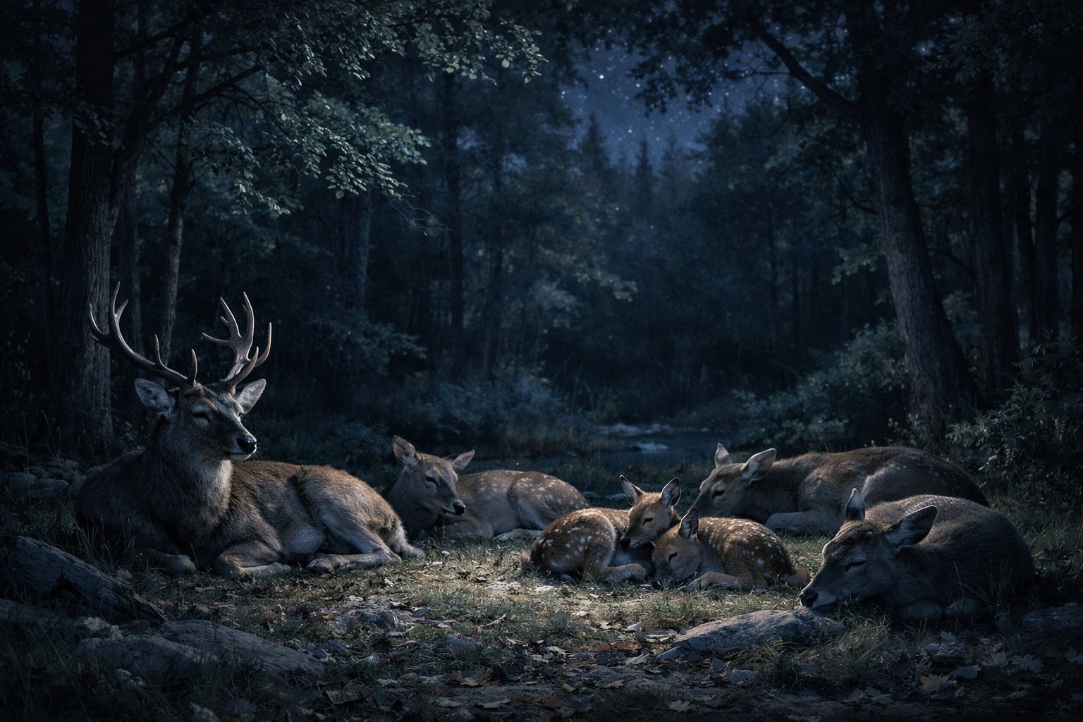 A group of deer resting on the forest floor at night under moonlight, surrounded by trees.