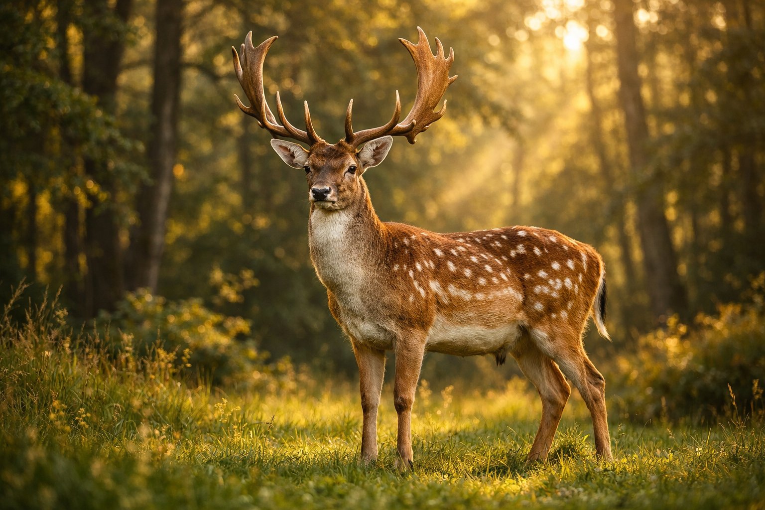 A majestic deer with large antlers standing in a sunlit forest clearing surrounded by trees and greenery.