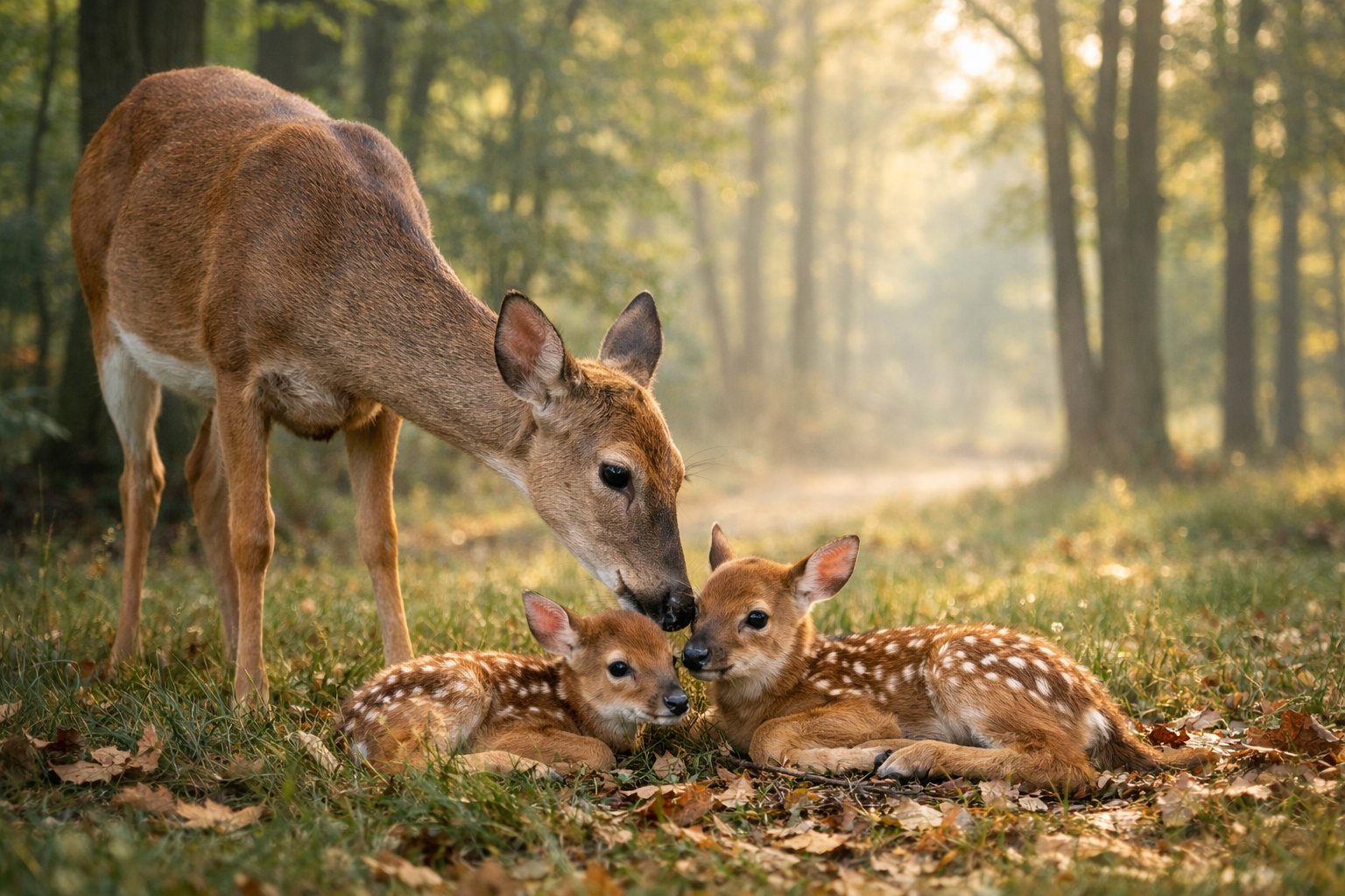A mother deer standing beside two newborn fawns lying on grass in a forest clearing.