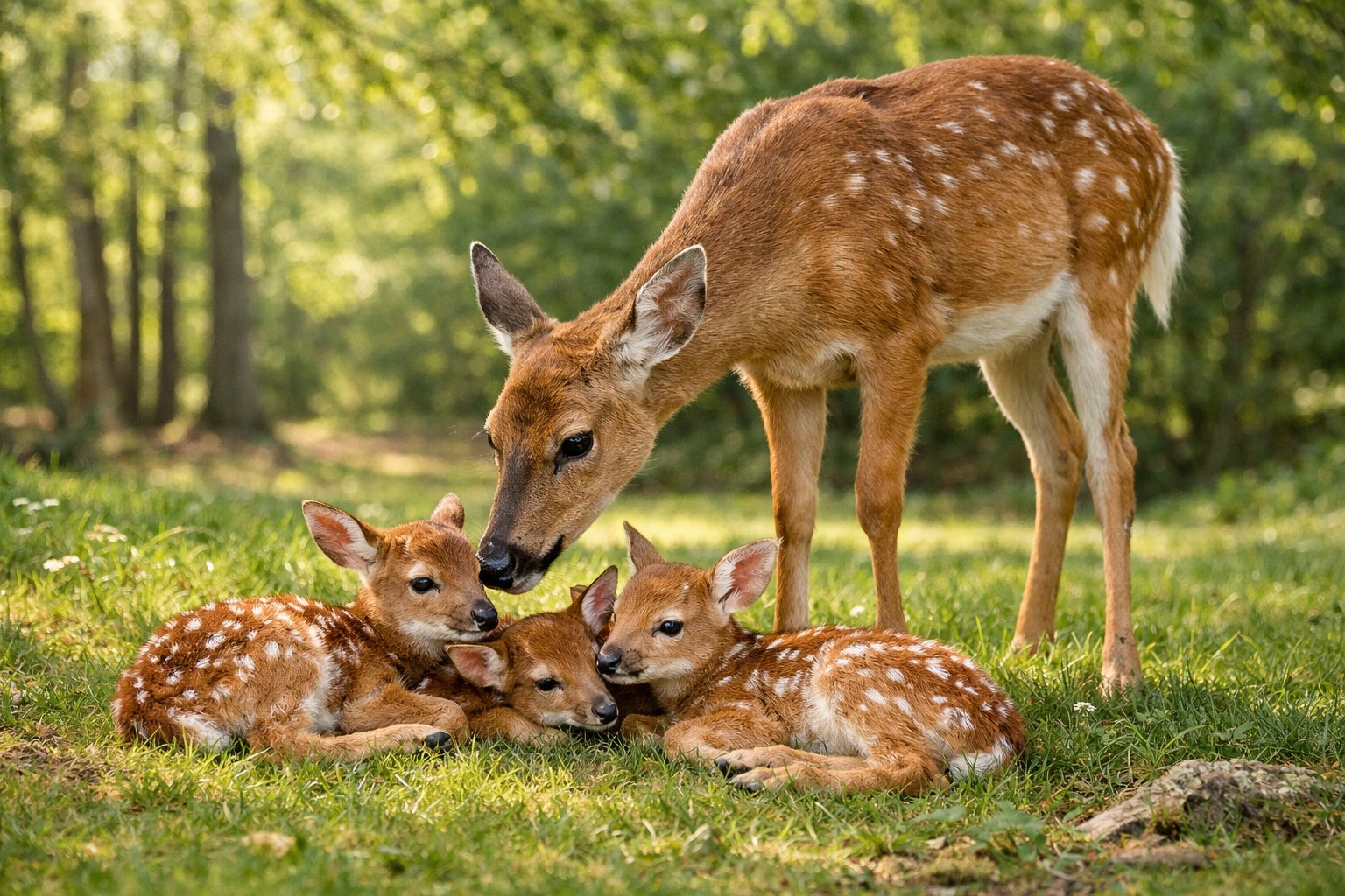 A mother deer standing next to two to three newborn fawns resting on grass in a forest clearing.