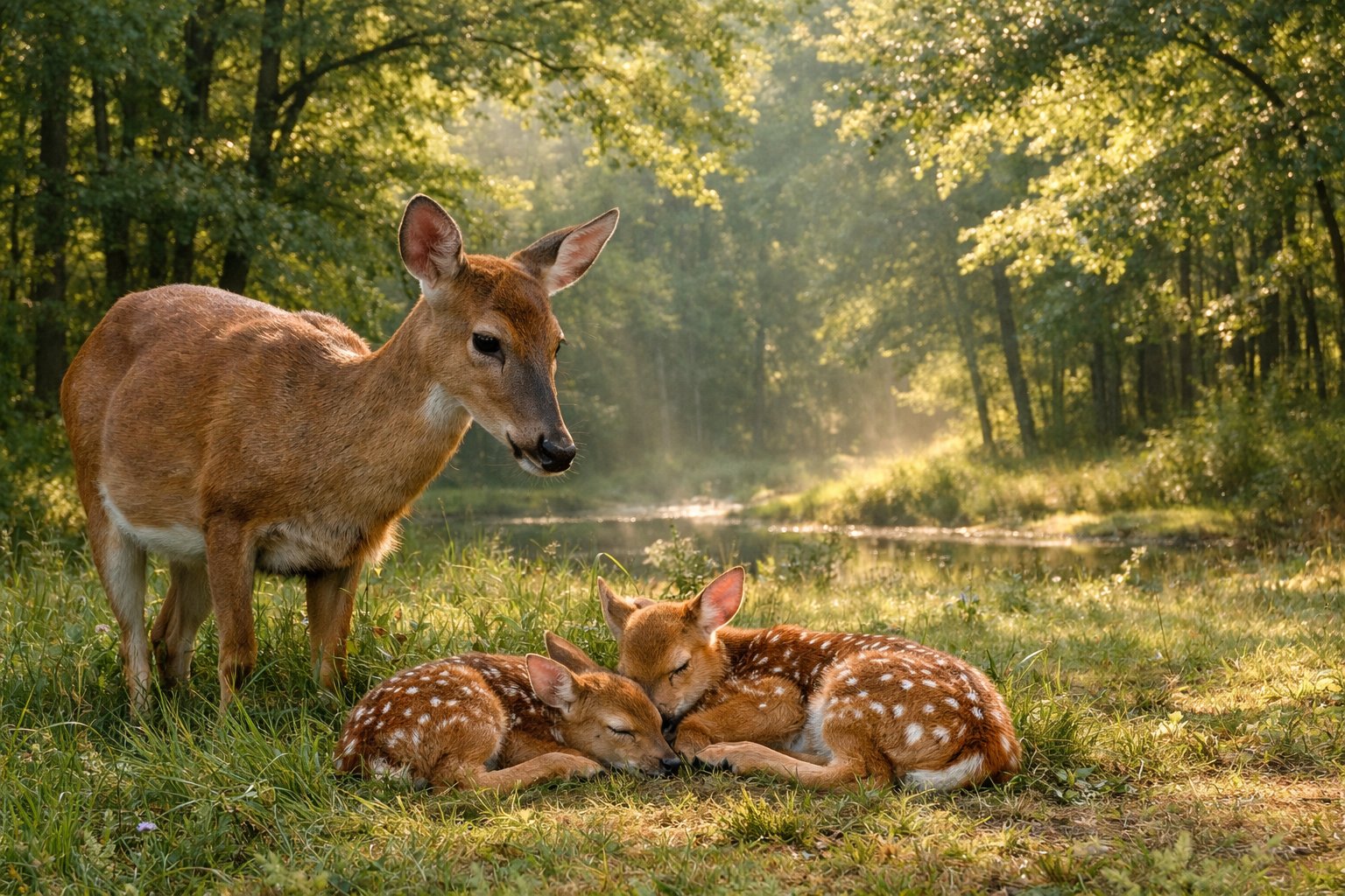 A doe with two newborn fawns resting in a forest clearing surrounded by green trees and soft morning light.