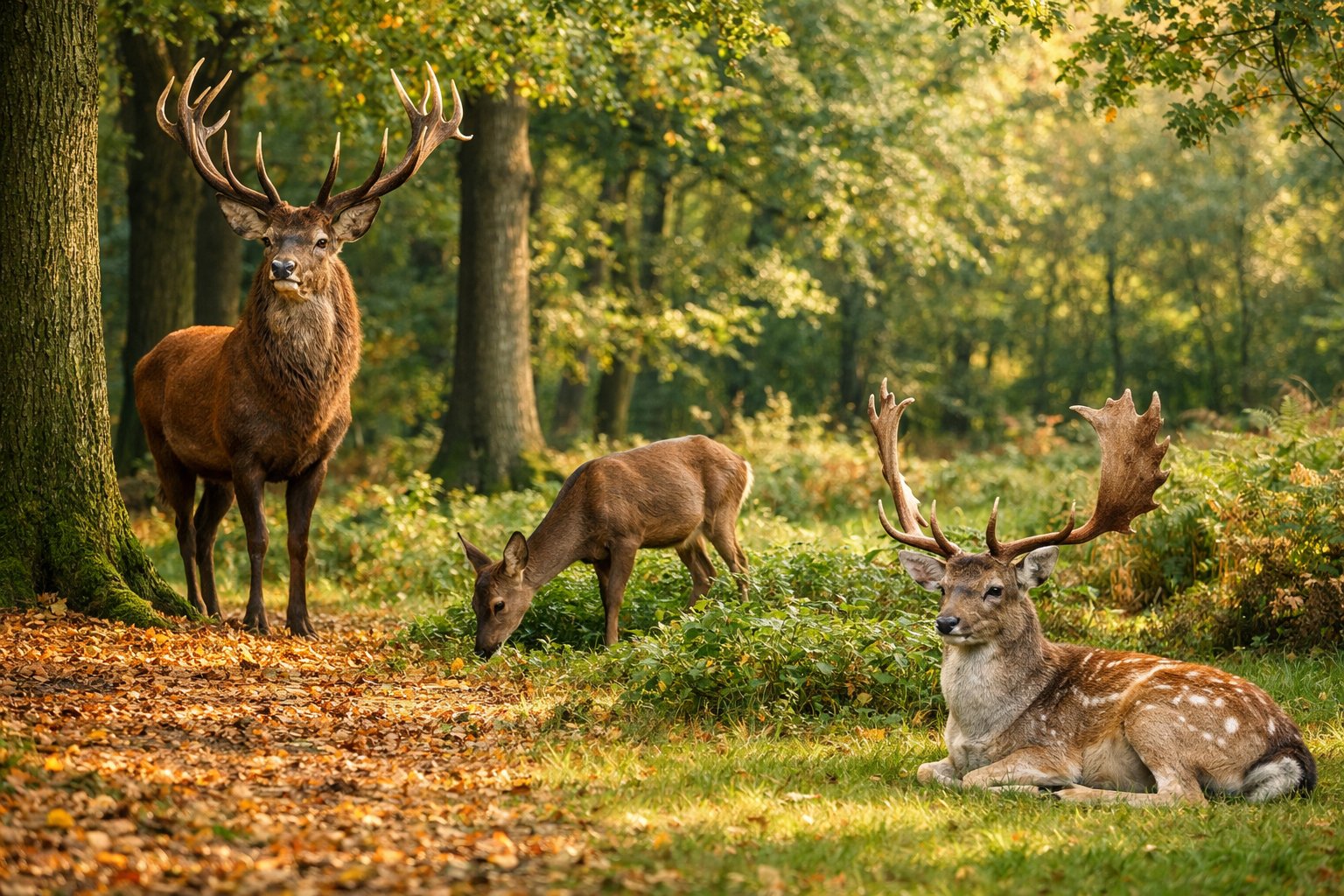 Three different species of deer in a UK woodland: a red deer stag, a roe deer doe grazing, and a fallow deer buck resting in a sunlit clearing surrounded by trees.