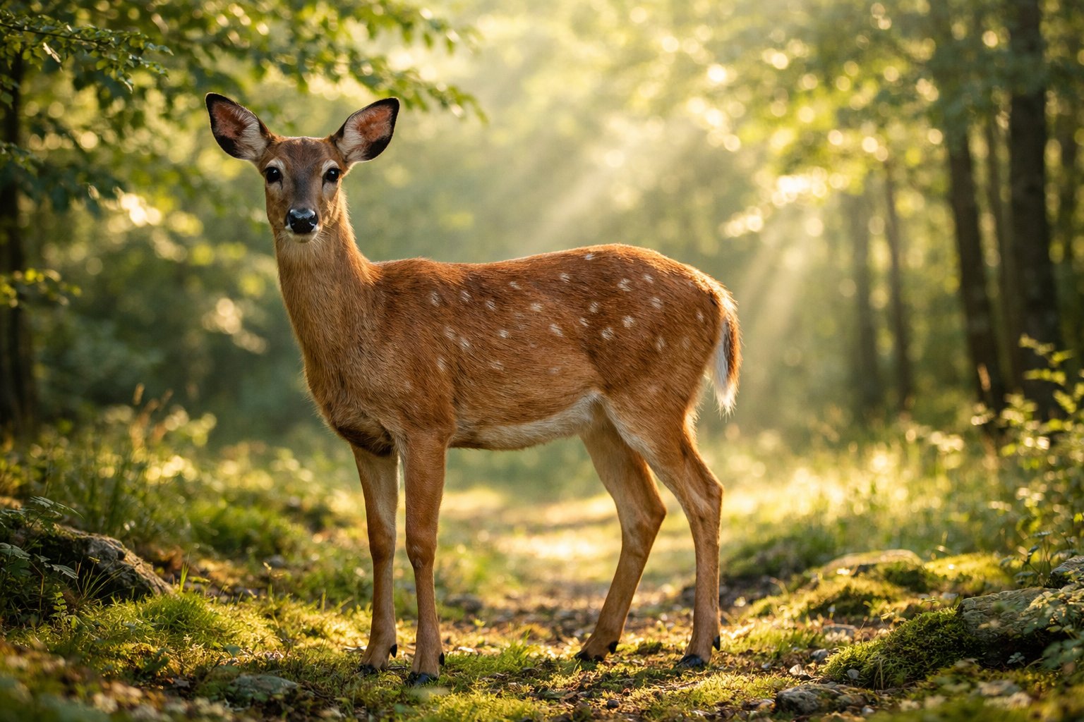 A female deer standing in a sunlit forest clearing surrounded by green trees and moss-covered ground.