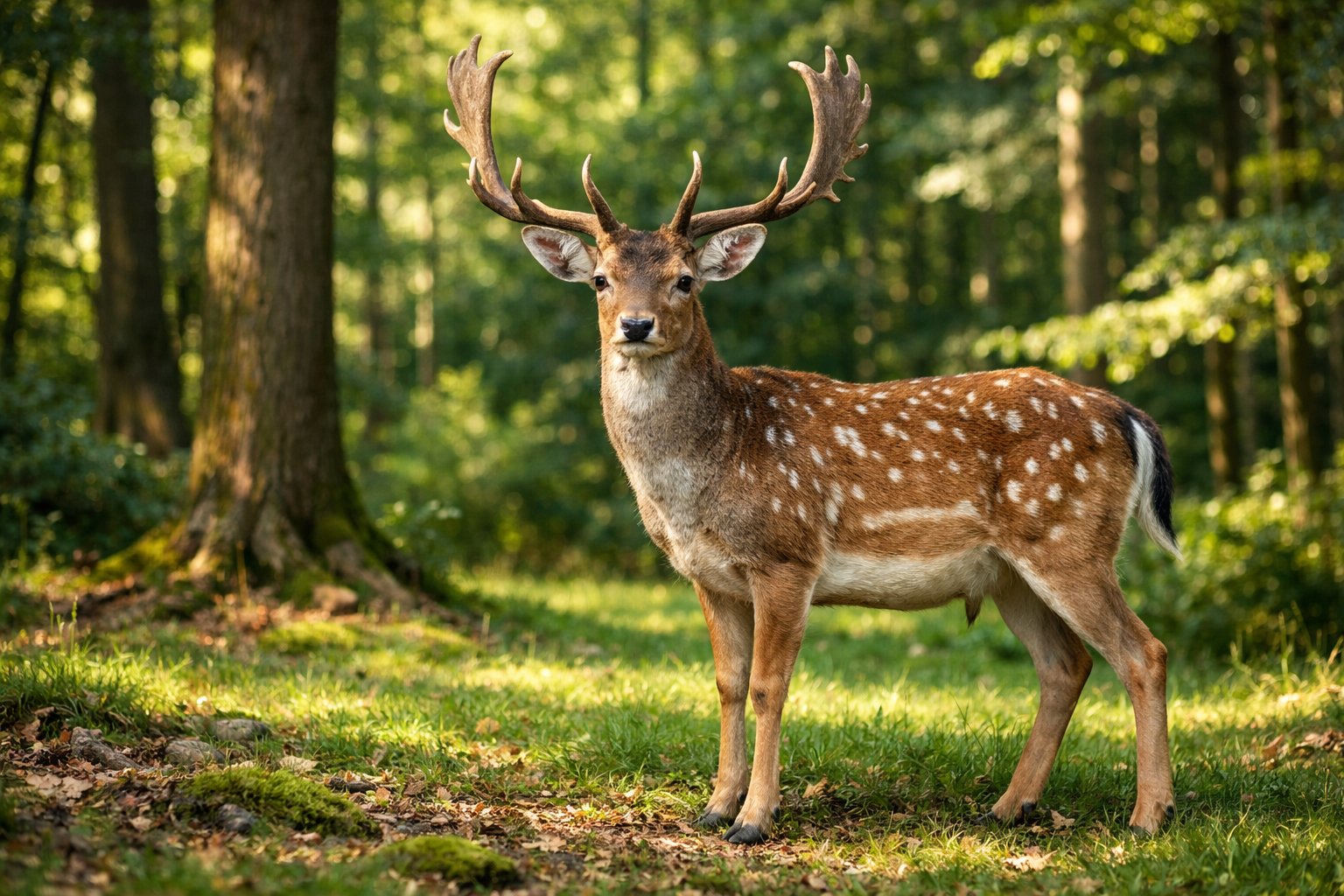 A deer standing calmly in a sunlit forest clearing surrounded by trees and greenery.