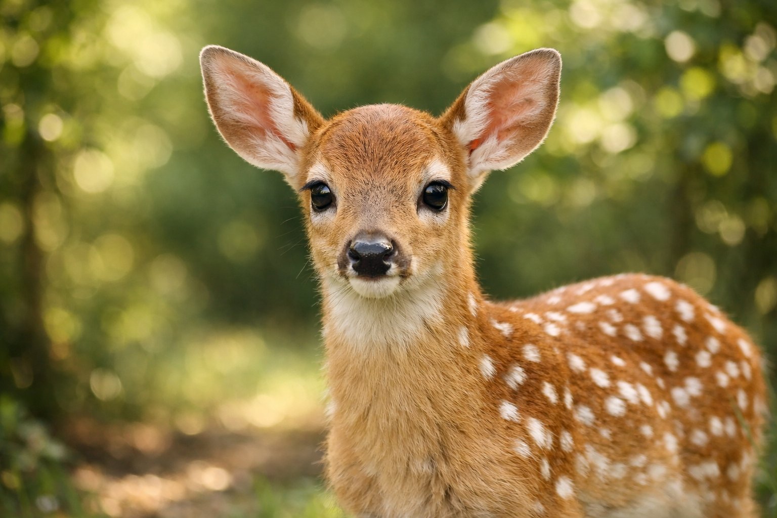 A young deer with white spots standing in a sunlit forest clearing surrounded by green trees.