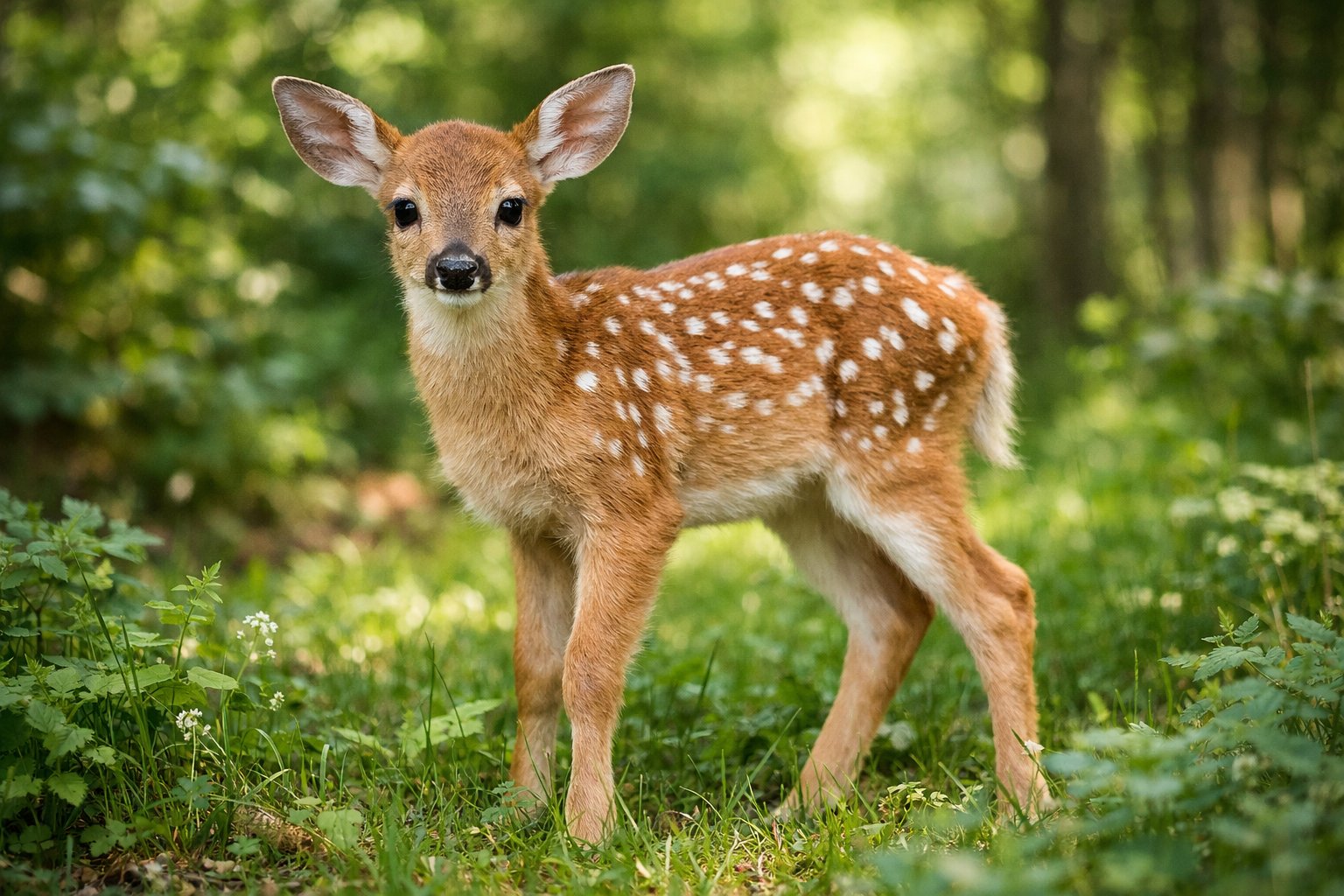 A young baby deer with white spots standing in a green forest clearing, looking towards the camera.