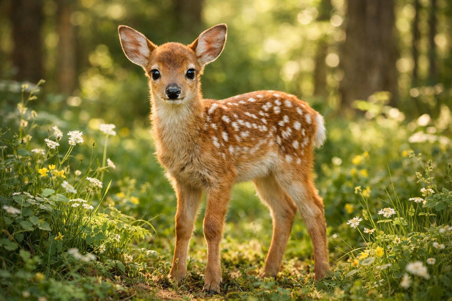 A baby deer standing in a sunlit forest clearing surrounded by green plants and wildflowers.