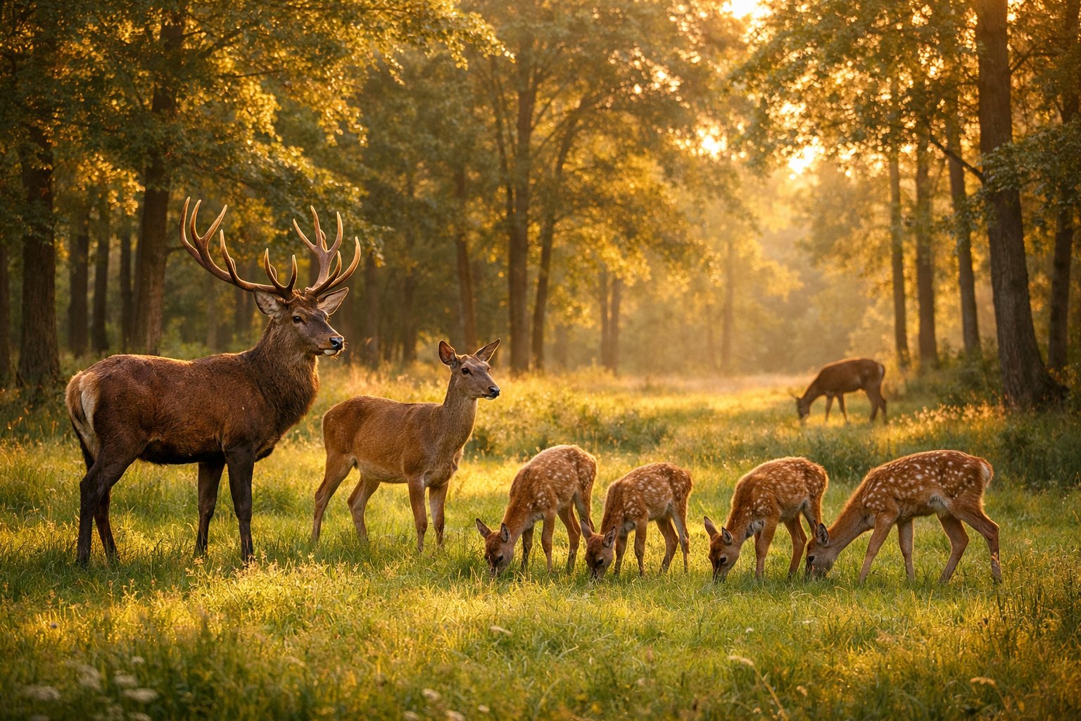 A group of deer including a stag, a doe, and fawns grazing peacefully in a sunlit forest clearing.