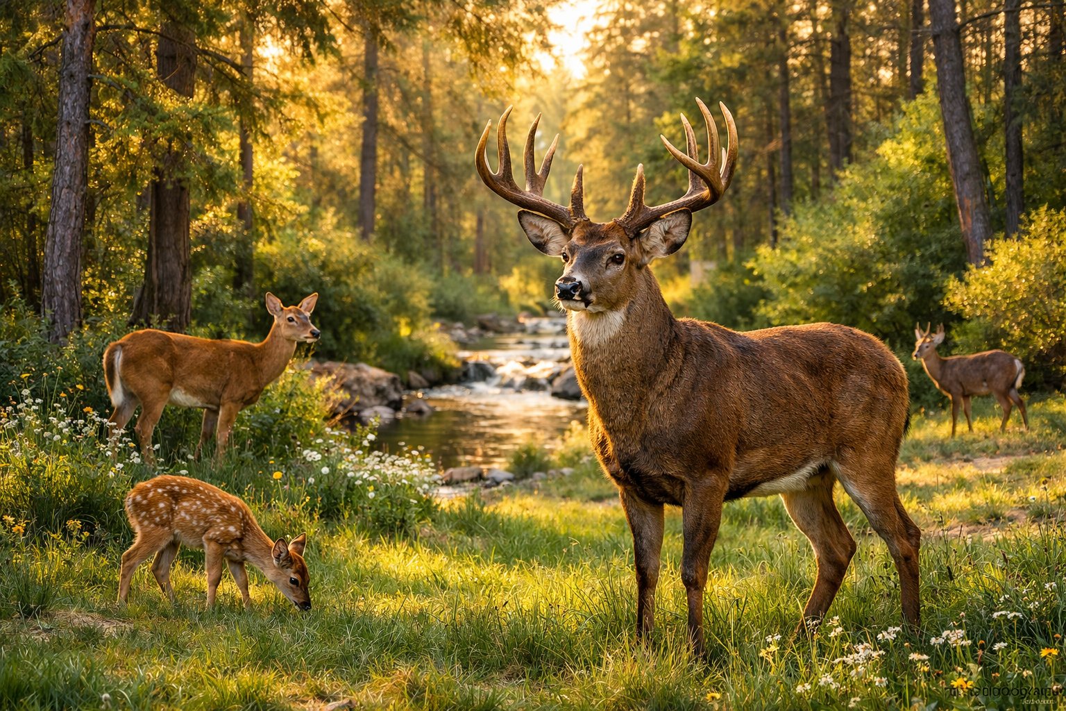 A group of deer including an adult male, a female, and a fawn standing in a sunlit forest clearing near a small stream.
