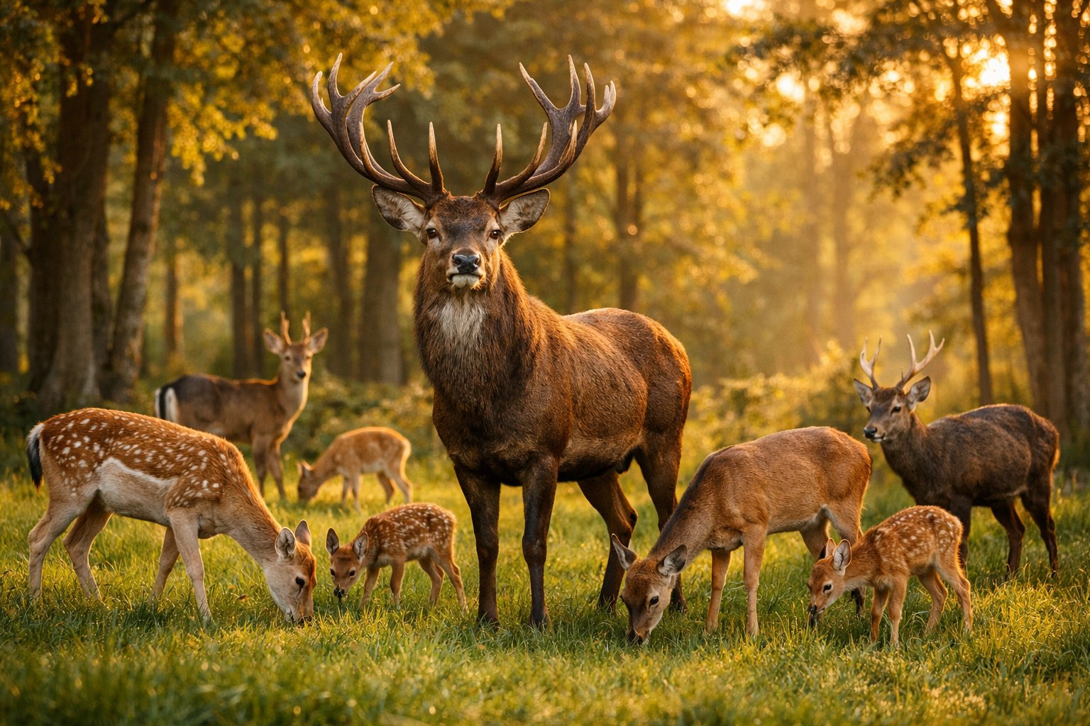 A group of deer including a stag, does, and fawns in a sunlit forest clearing surrounded by trees.