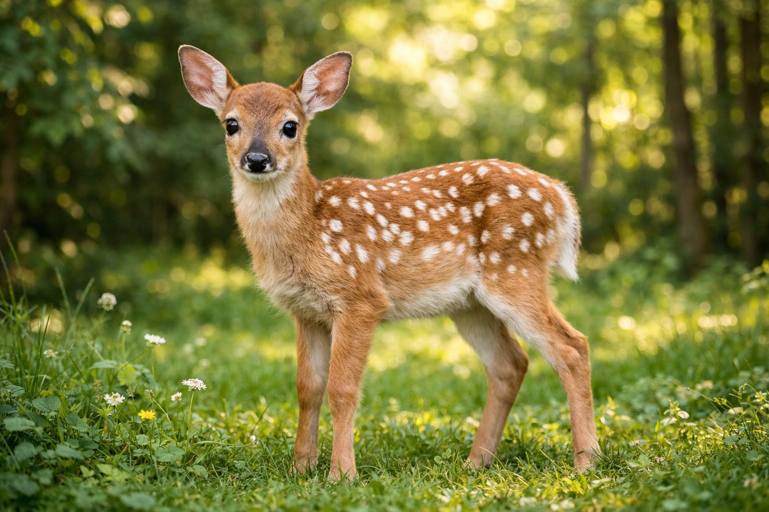 A small fawn standing in a sunlit forest clearing surrounded by trees and grass.
