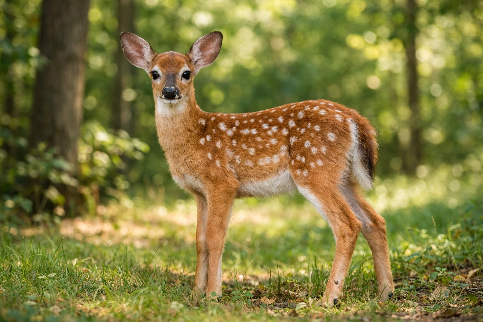 A young white-tailed deer standing in a sunlit forest clearing surrounded by green trees and foliage.