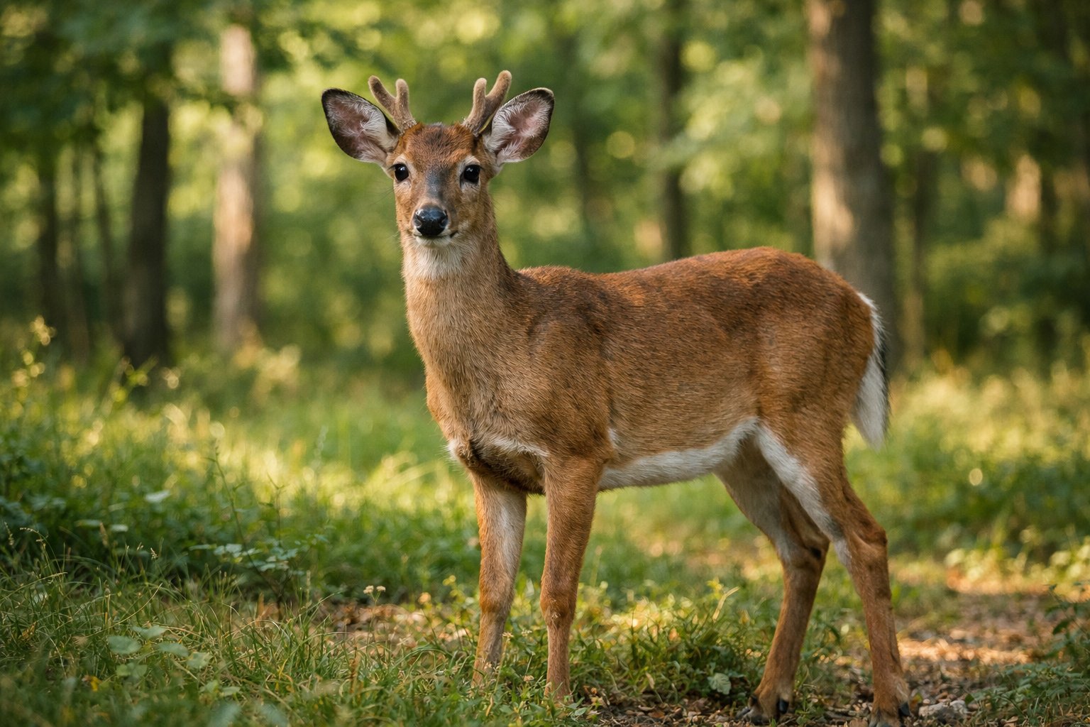 A young white-tailed deer standing in a sunlit forest clearing surrounded by green trees and grass.