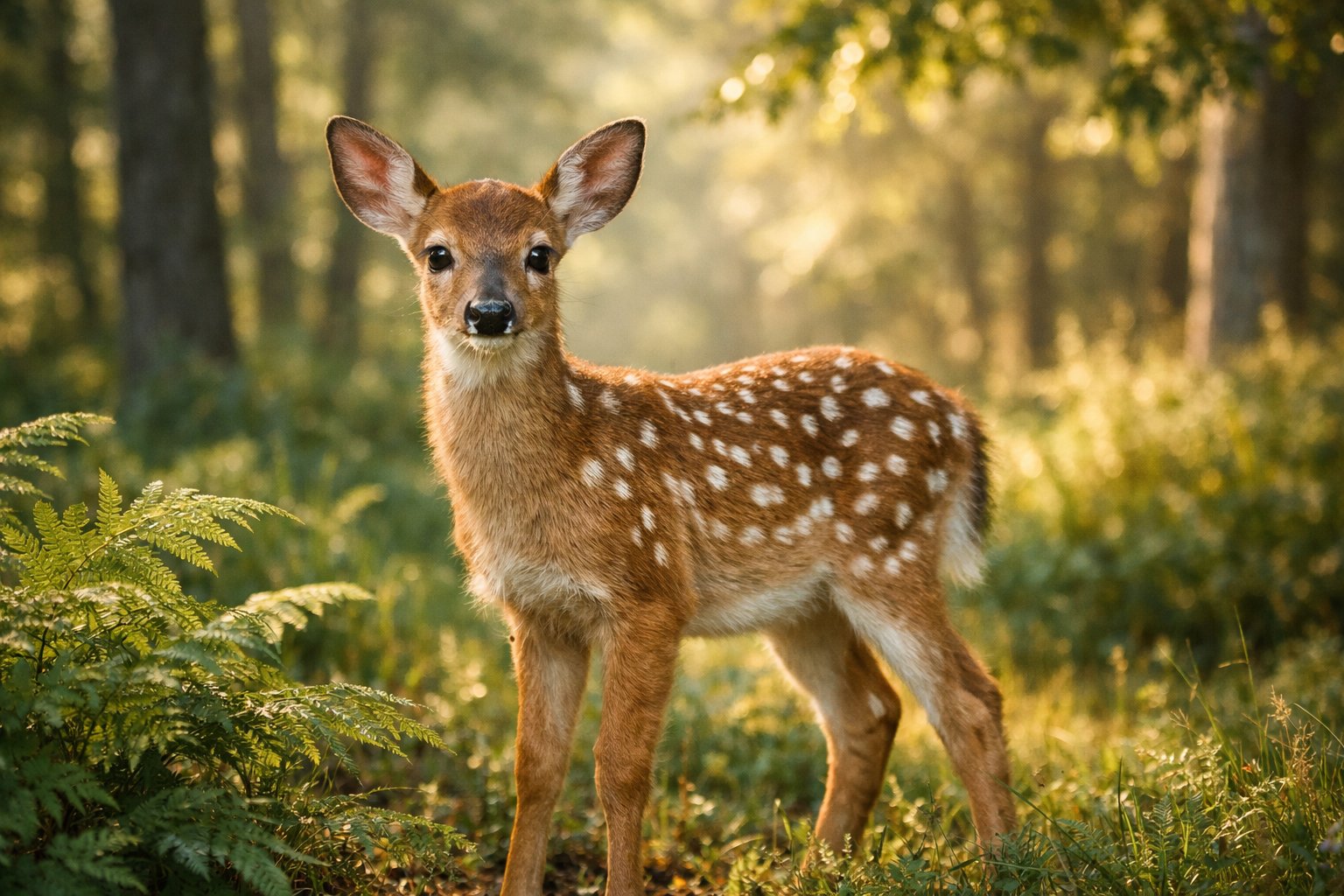 A young deer standing in a forest clearing with sunlight filtering through the trees.