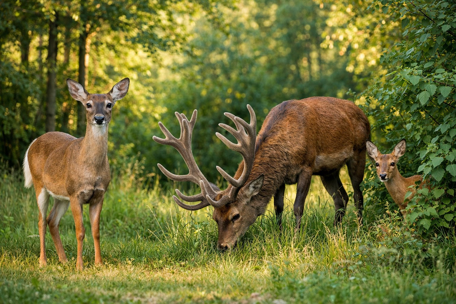 A forest clearing with a white-tailed deer, a red deer with large antlers, and a roe deer among trees and grass.