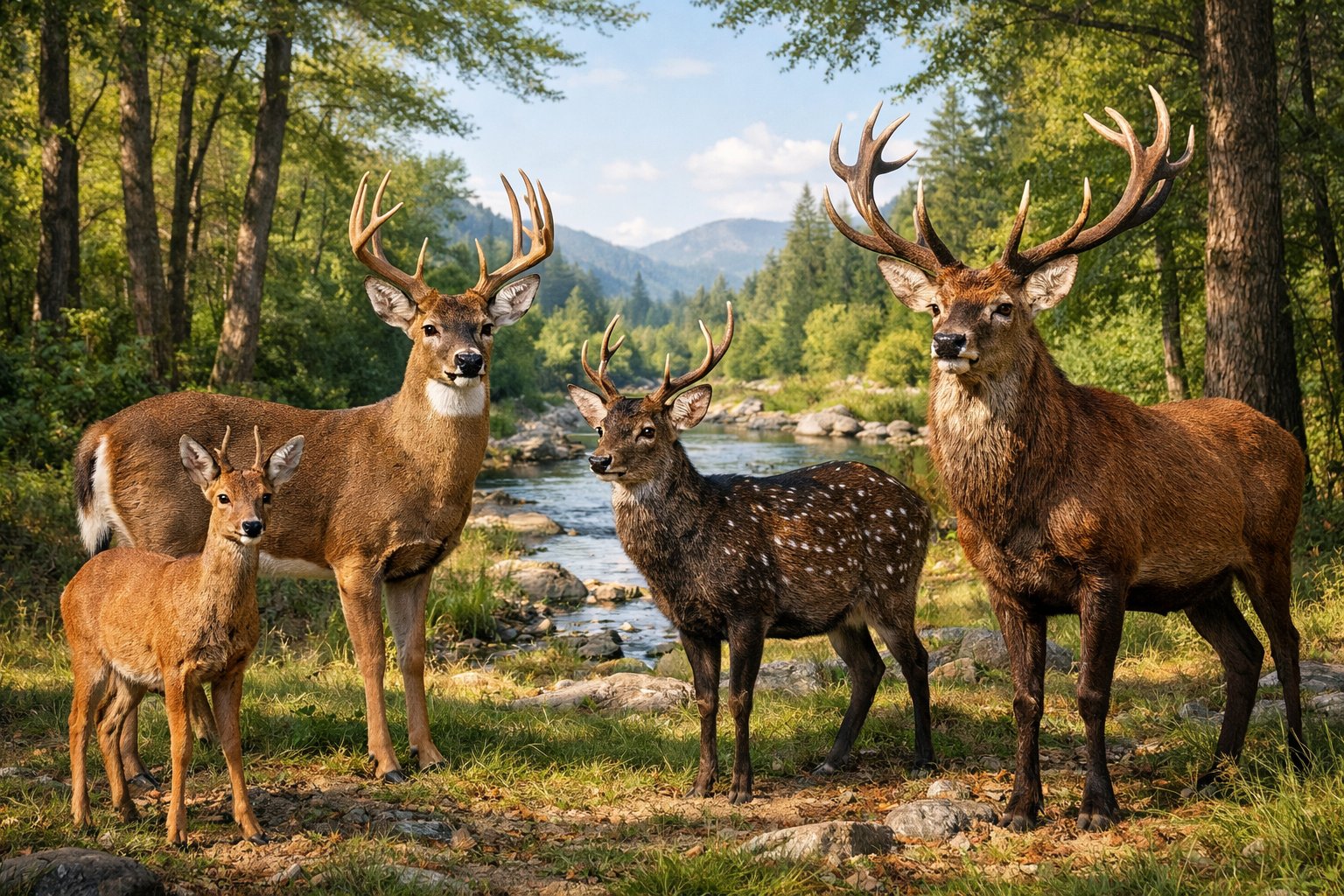 A group of different deer species standing in a sunlit forest clearing with trees, grass, and a stream in the background.