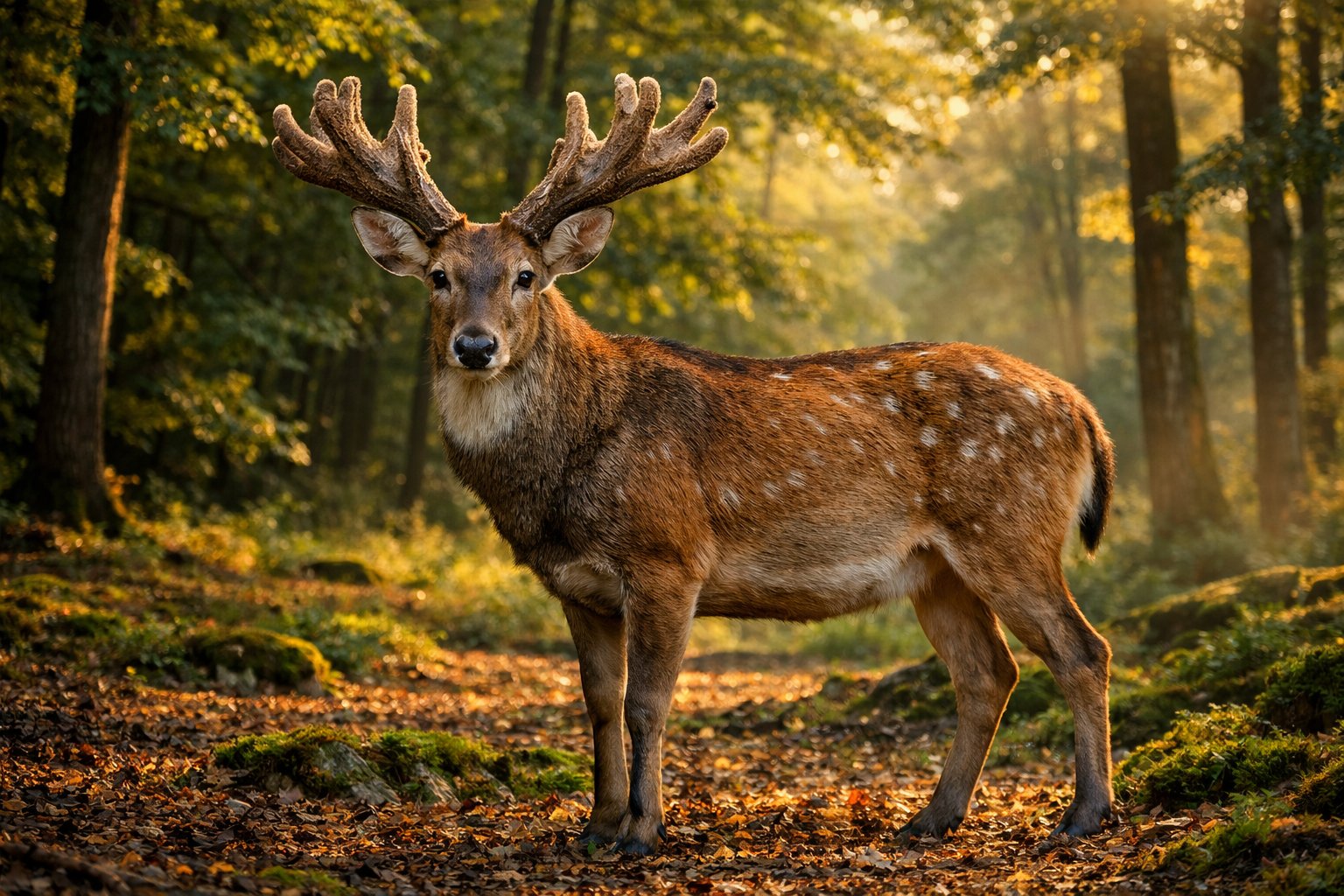 A rare deer with distinctive antlers standing in a sunlit forest clearing surrounded by trees and foliage.