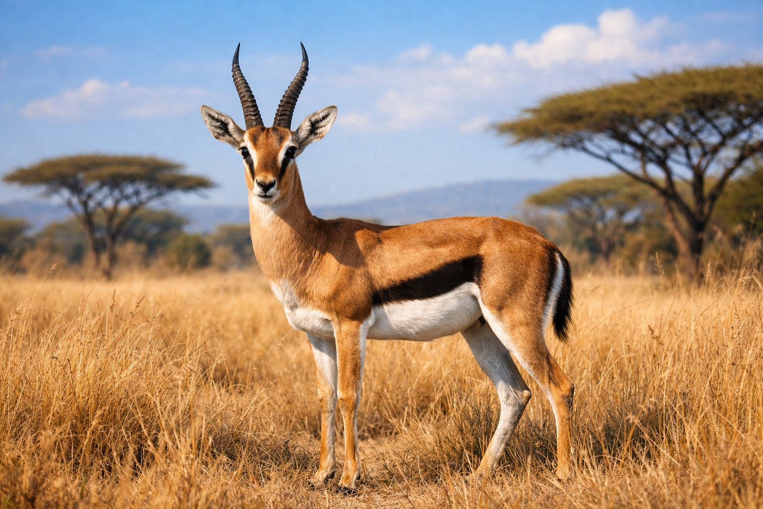A gazelle standing in tall grass on an African savanna with trees and a clear sky in the background.