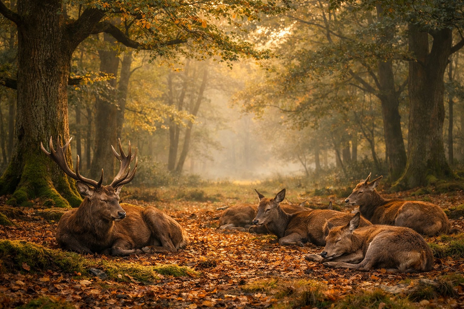 A group of red deer resting quietly on the forest floor in a British woodland clearing at dusk.