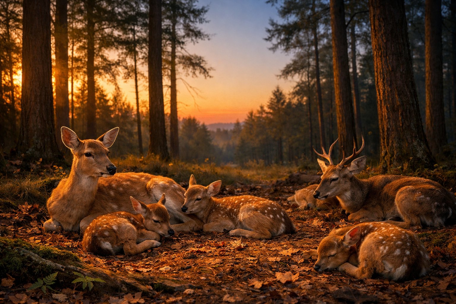 A group of deer resting quietly on the forest floor at dusk with soft sunset light filtering through the trees.