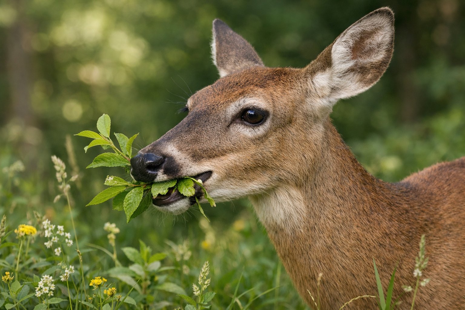 A deer eating green leaves in a forest surrounded by plants and trees.