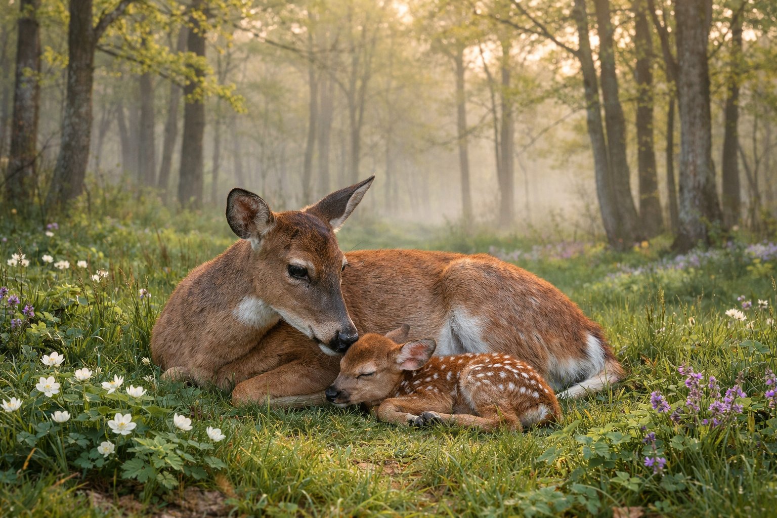 A mother deer lying in a forest clearing with her newborn fawn resting beside her at dawn.