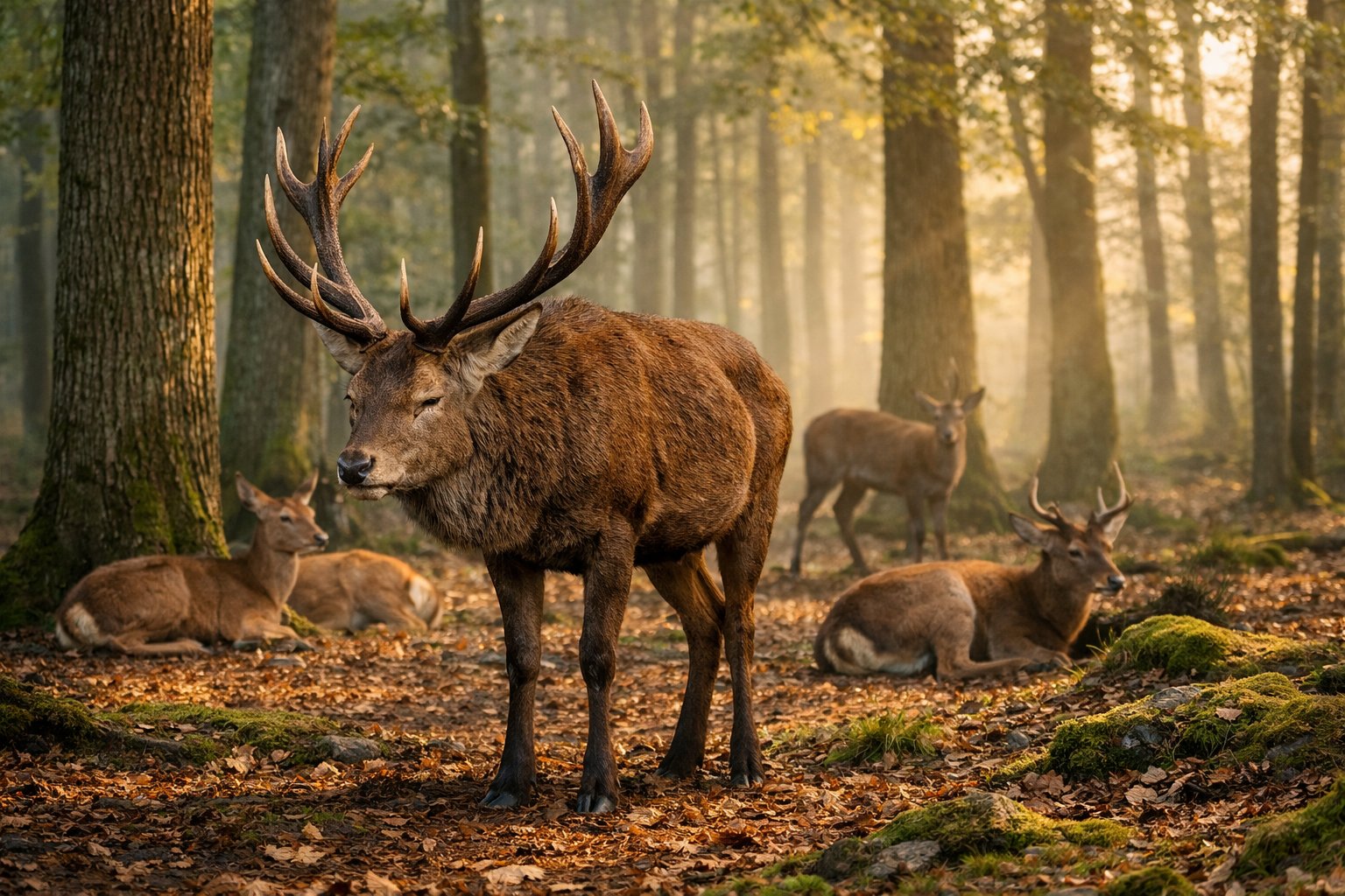 A group of deer resting in a forest at dawn, with one deer sleeping while standing among tall trees and soft sunlight.