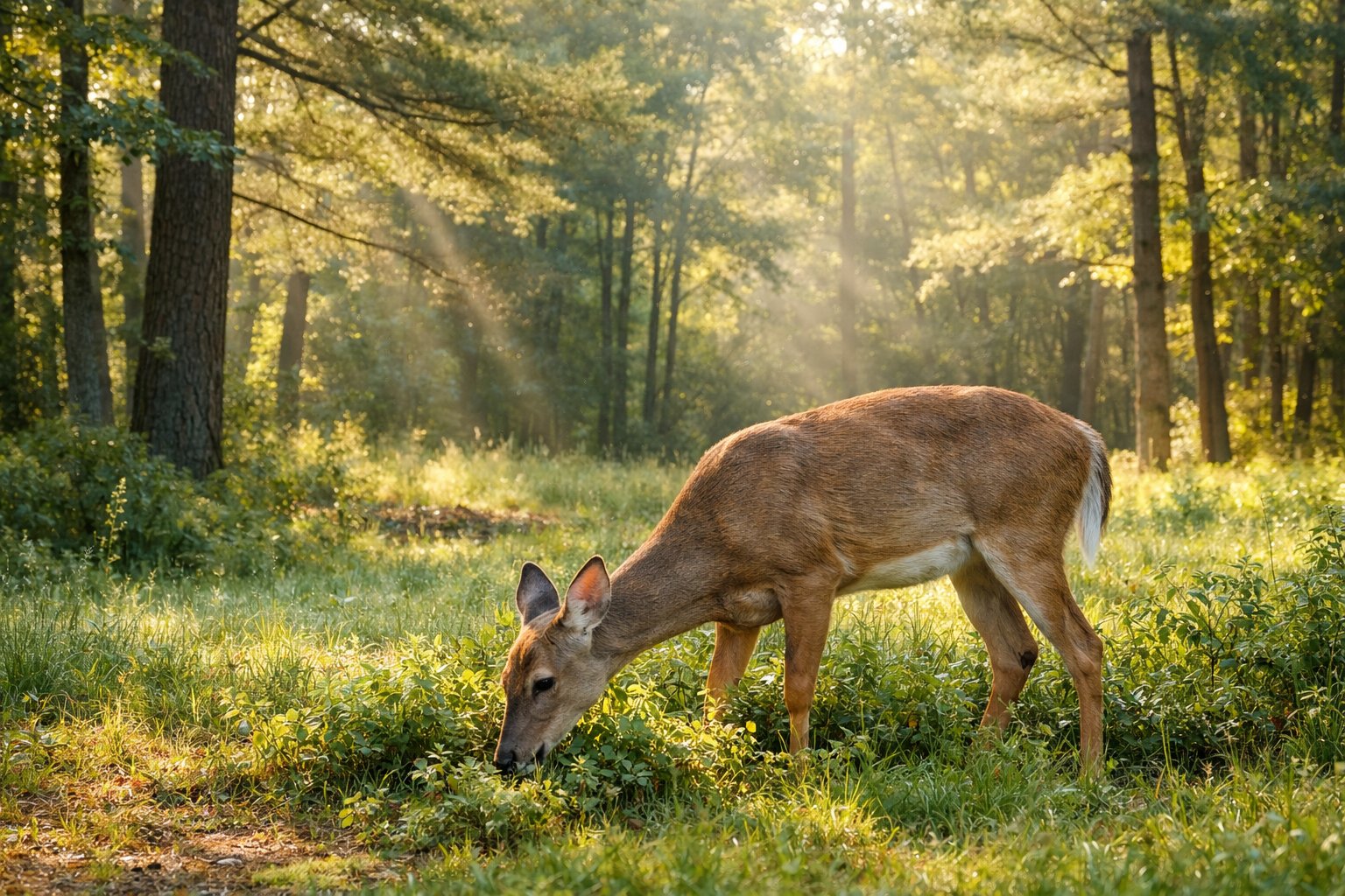 A deer grazing on grass in a forest clearing with sunlight filtering through the trees.
