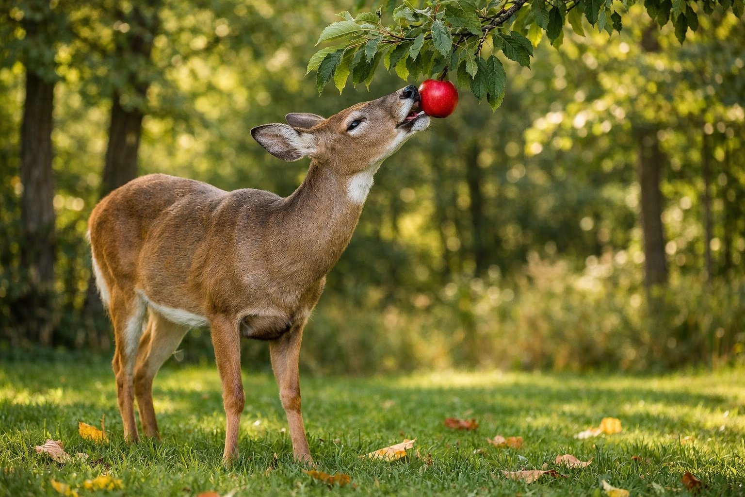 A deer eating a red apple from a tree branch in a green forest.