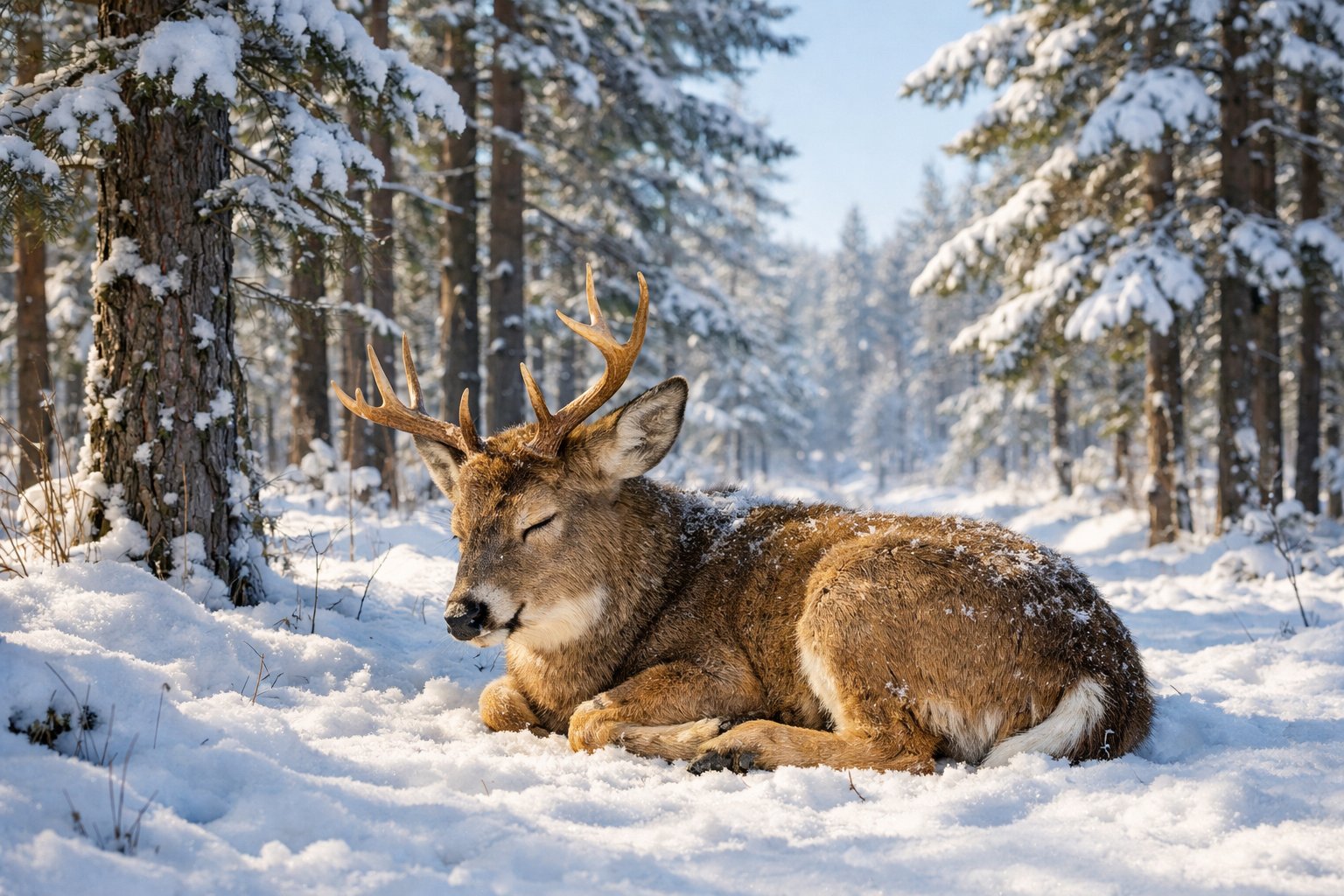 A deer resting on snow-covered ground in a quiet winter forest with pine trees around.