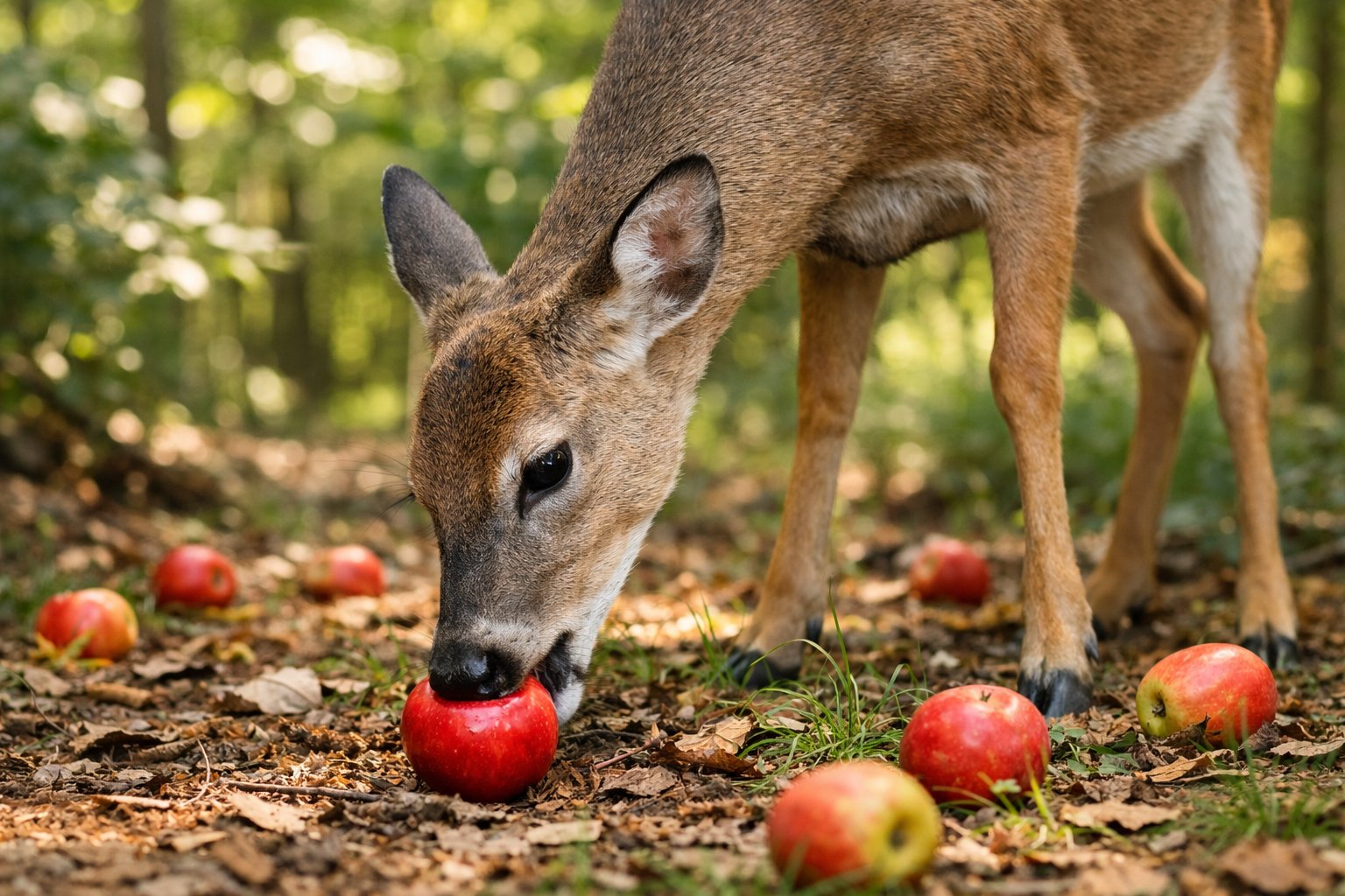 A deer eating a red apple on the forest floor surrounded by leaves and grass.