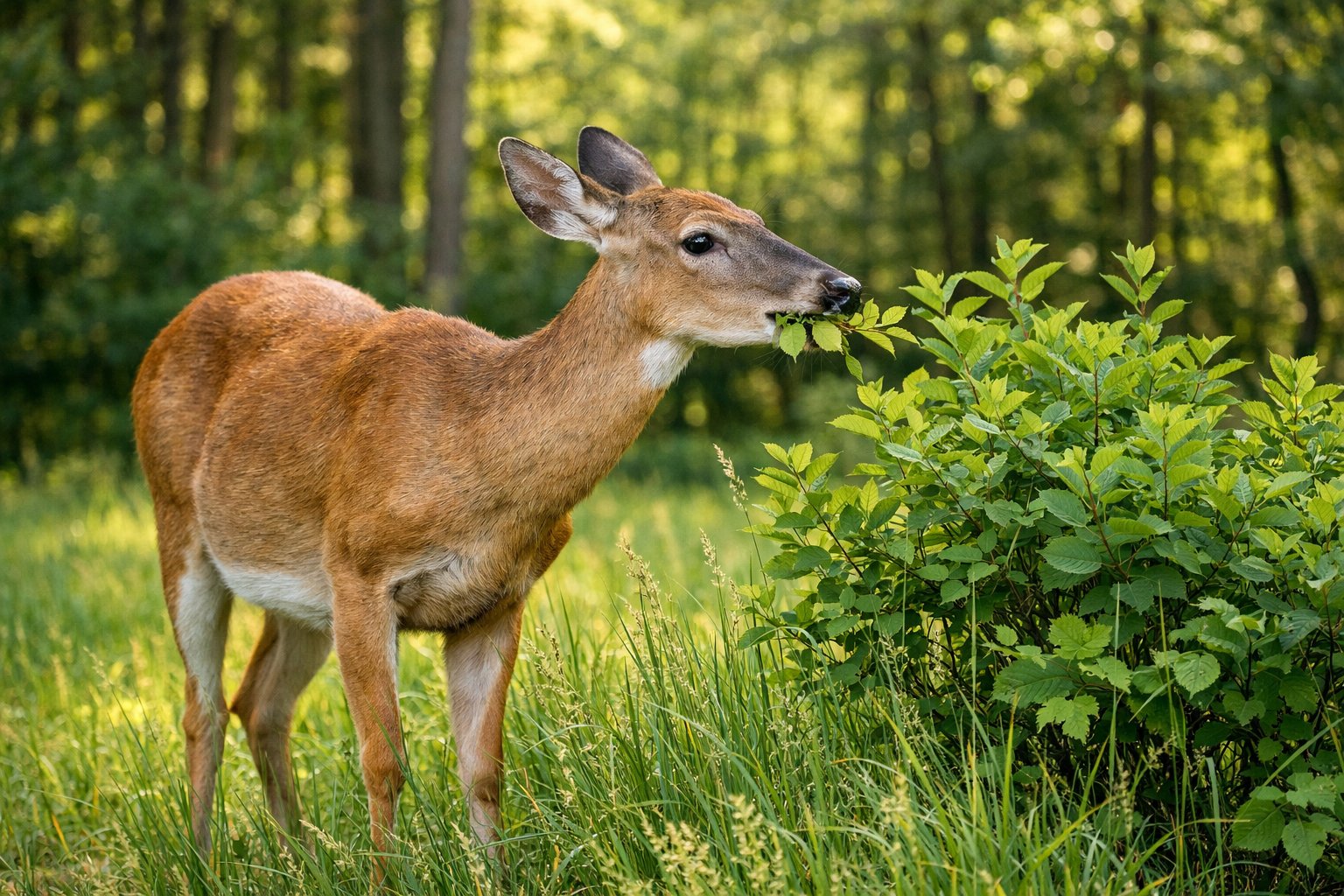 A deer eating leaves in a sunlit forest clearing surrounded by green plants.