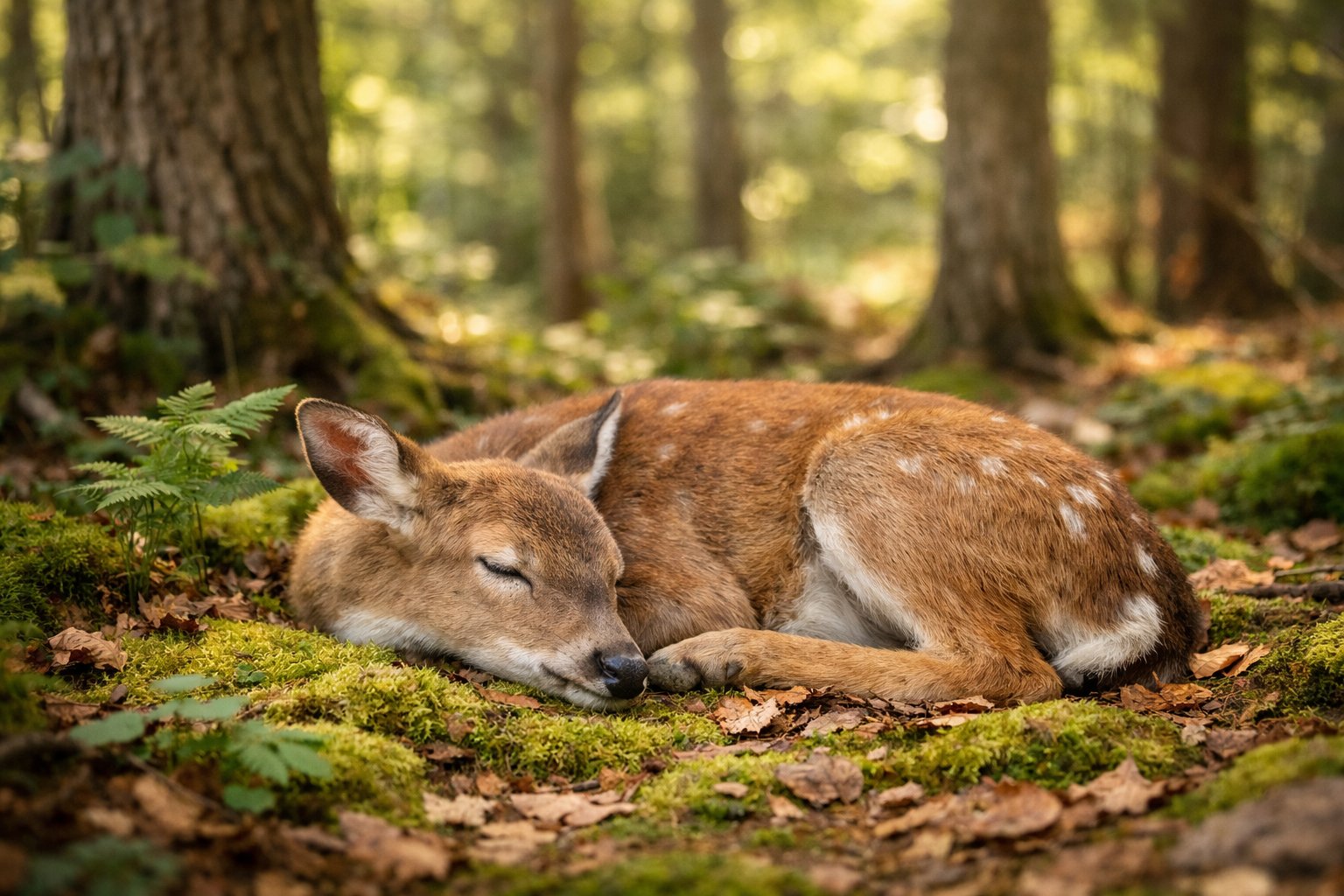 A deer sleeping curled up on a soft bed of moss and leaves in a forest.