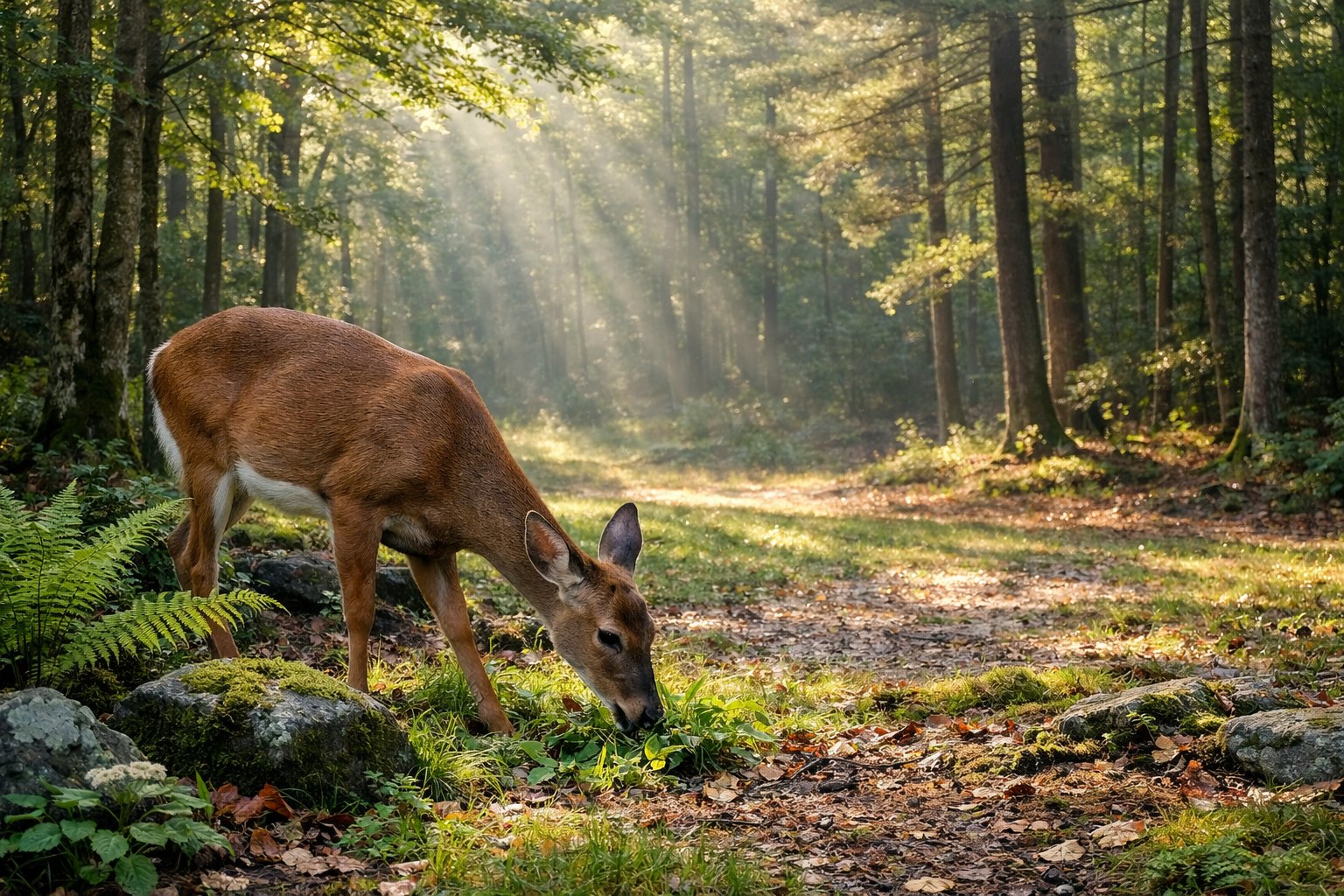 A deer eating leaves and grass in a peaceful forest clearing surrounded by trees and vegetation.