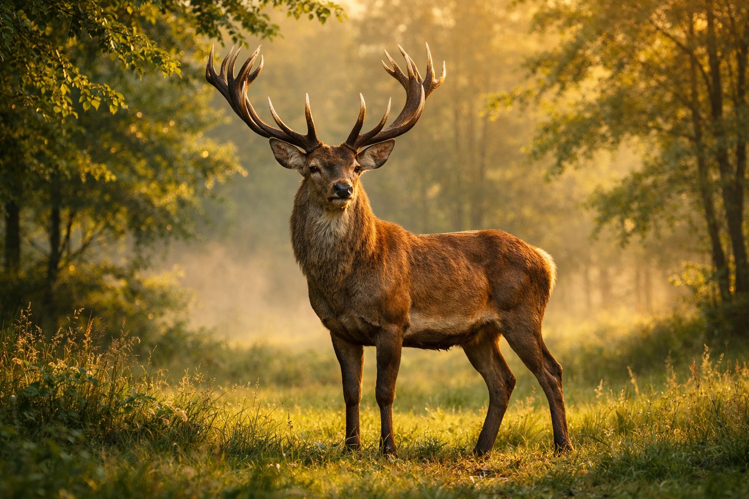 A deer with antlers standing in a forest clearing surrounded by trees and sunlight.