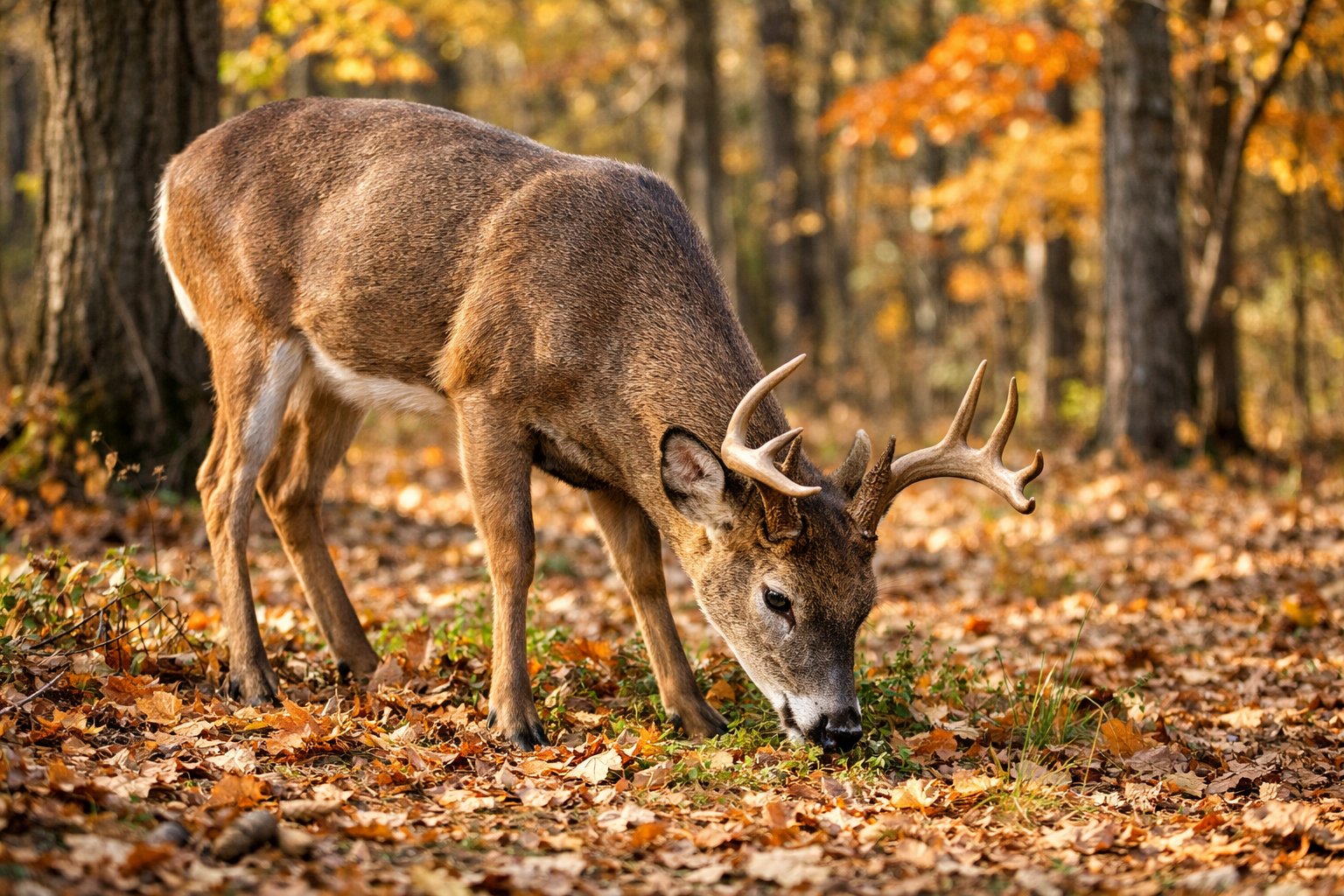 A deer grazing quietly in a forest with colorful autumn leaves on the ground.