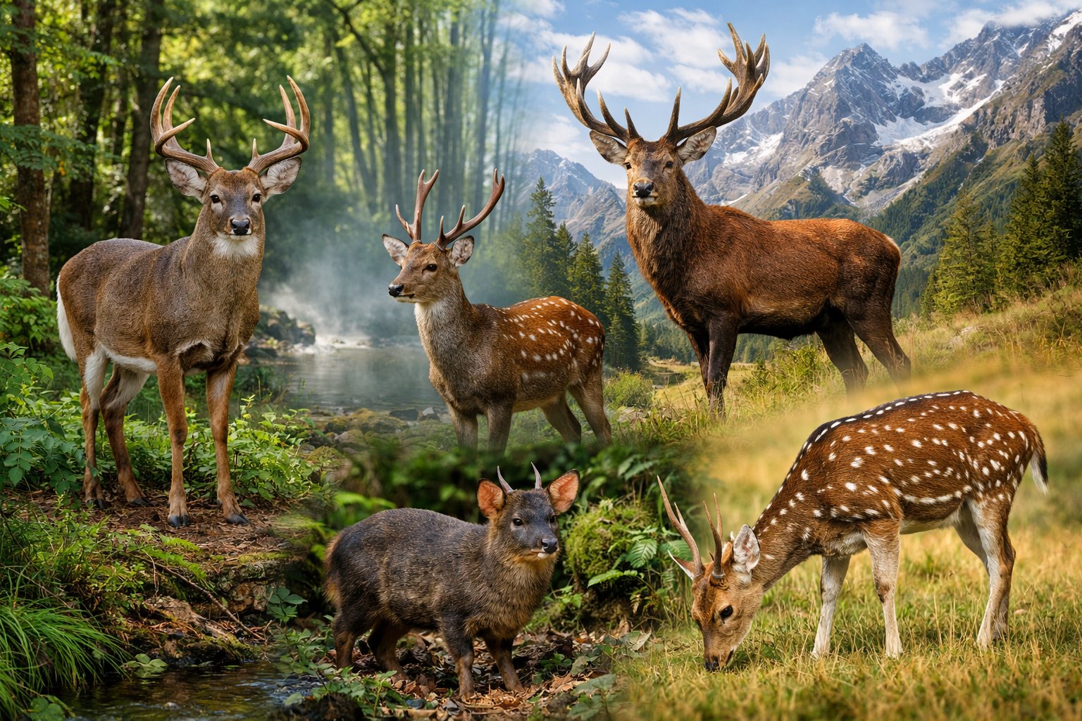 A variety of deer species from different parts of the world shown in their natural habitats including forests, mountains, and grasslands.