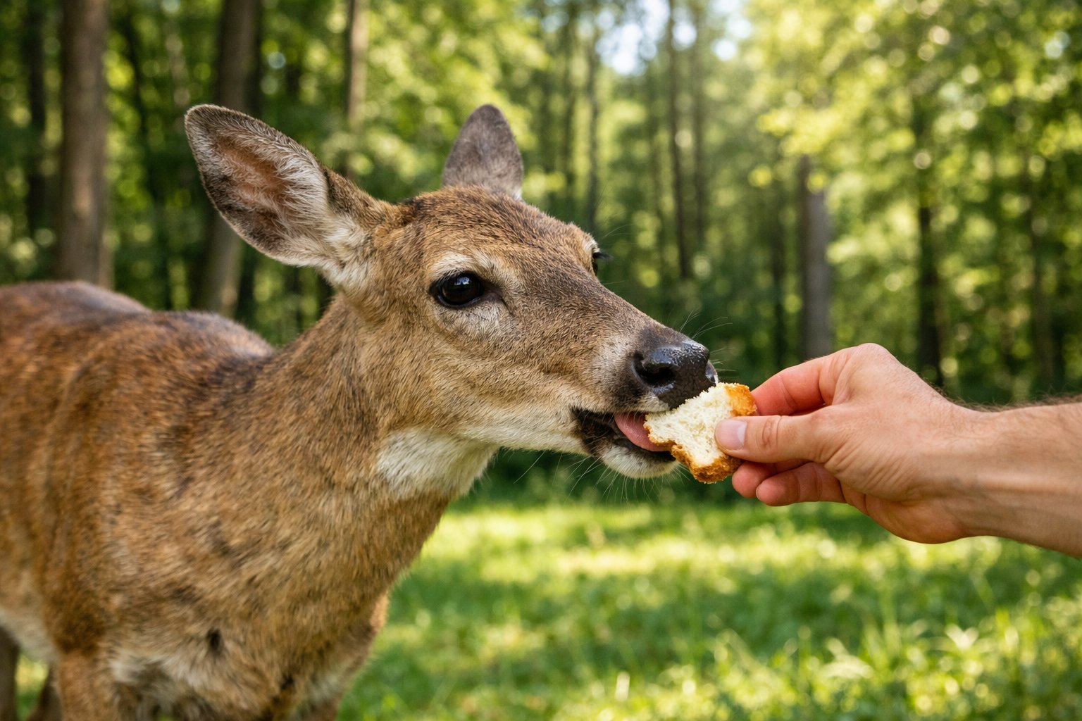 A deer in a forest clearing eating bread from a person's hand.